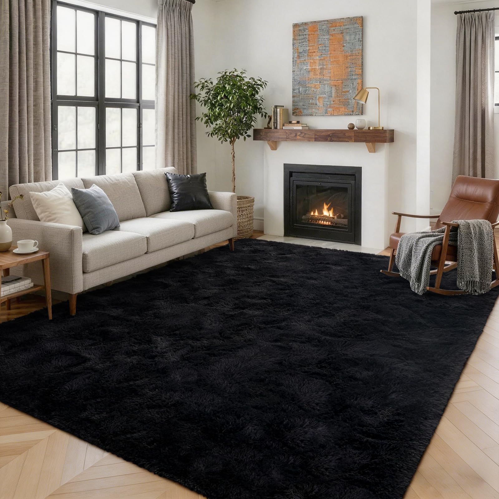 5×7ft Grey Fluffy Tie-Dyed Rug, Soft Shag Carpet for Home Decor