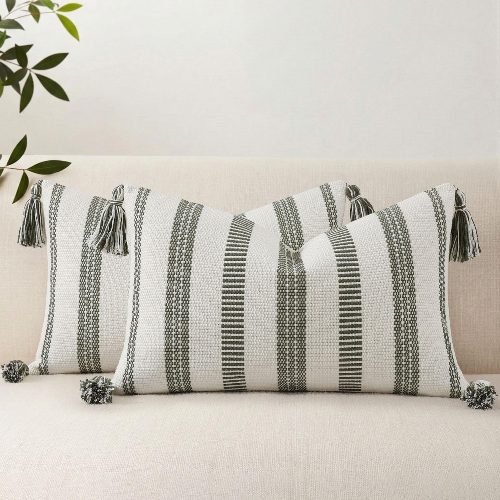 Smile Bee Boho Outdoor Couch Throw Pillow Covers Set of 2 Decorative Thick Woven Striped Accent Neutral Pillow Covers with Tassels for Bed Sofa Home Decor 20x20 Inch, Navy Blue and Cream White