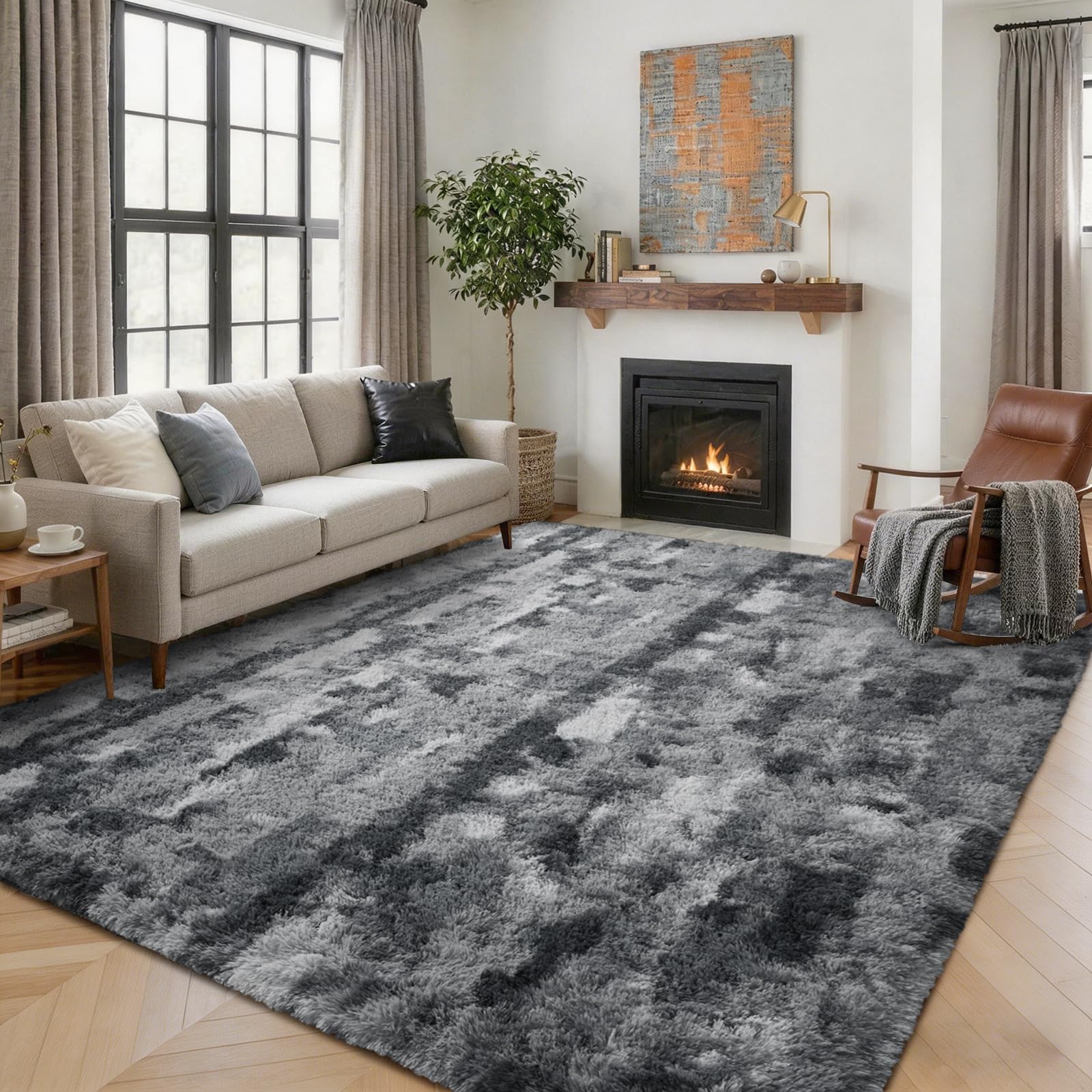 5×7ft Grey Fluffy Tie-Dyed Rug, Soft Shag Carpet for Home Decor