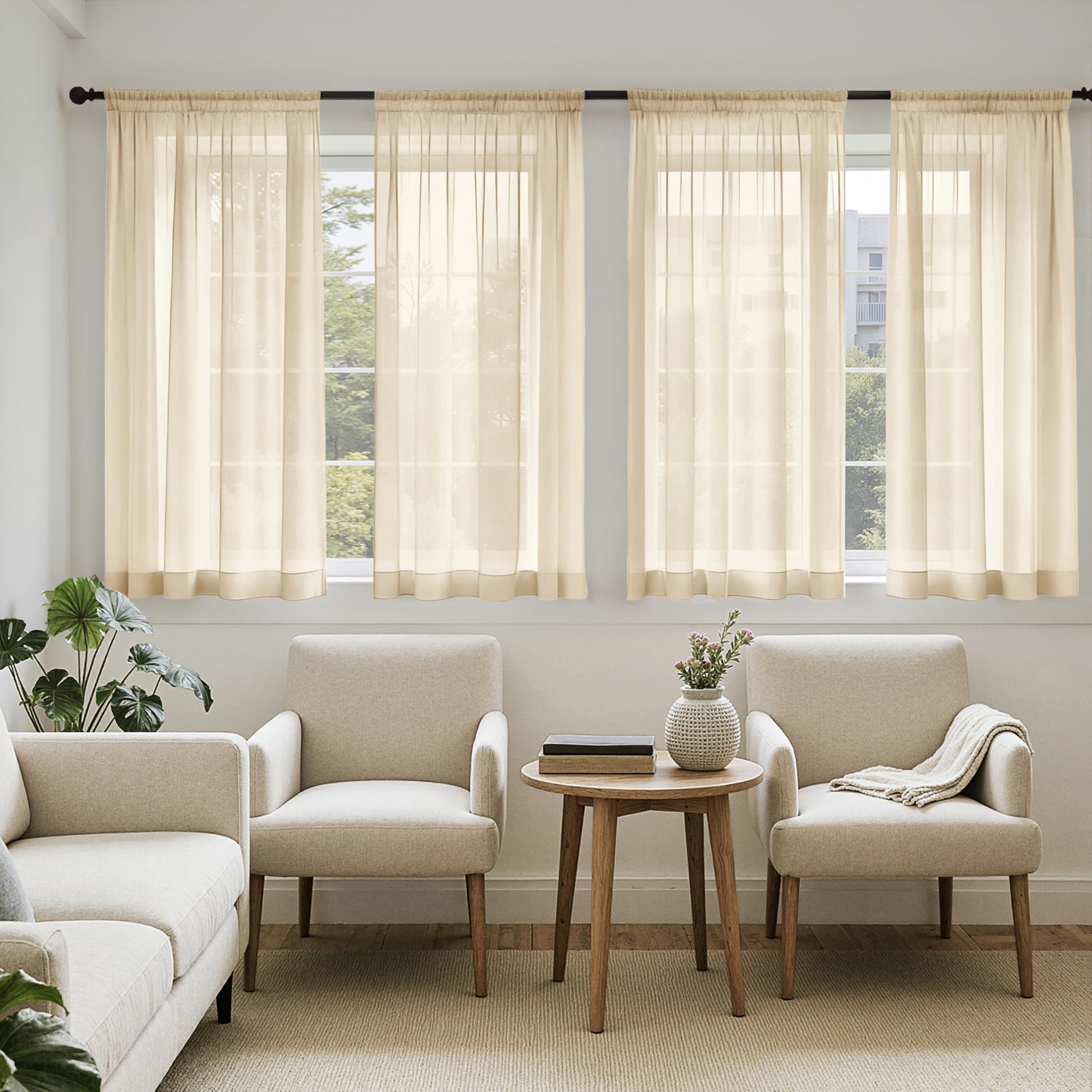 MIULEE Butter Cream Sheer Curtains 96 Inches Long, 4 Panels Set, Rod Pocket Voile Drapes Light Filtering and Semi Transparent, Elegant Window Treatments for Bedroom Living Room,42 x 96 Inches
