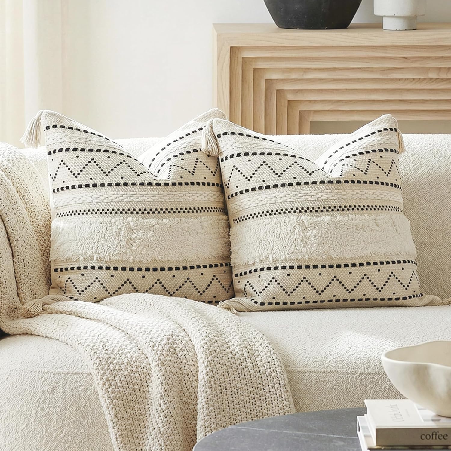 BlissBlush Decorative Throw Pillow Covers 18x18 Combo Set of 2 Square Boho Black Neutral Accent Pillowcase Tassels Farmhouse Cushion for Couch Sofa Bedroom Living Room Home Décor Cover ONLY