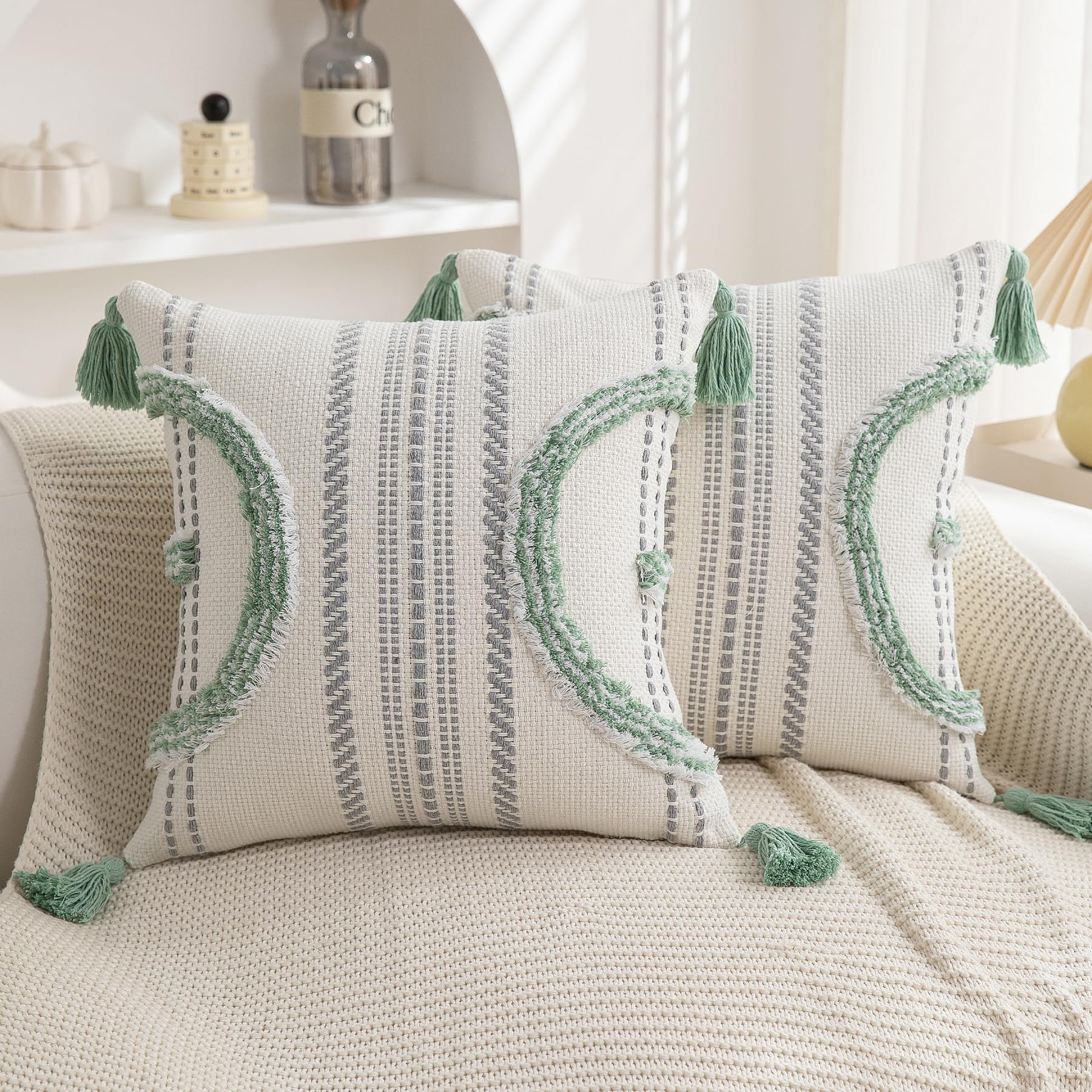 Boho Throw Pillow Covers 18x18 Set of 2 Cotton Woven Tufted Farmhouse Pillows Covers with Tassels Outdoor Neutral Navy Decorative Pillowcases Square Textured Accent Cushion Cases for Couch Bed Sofa