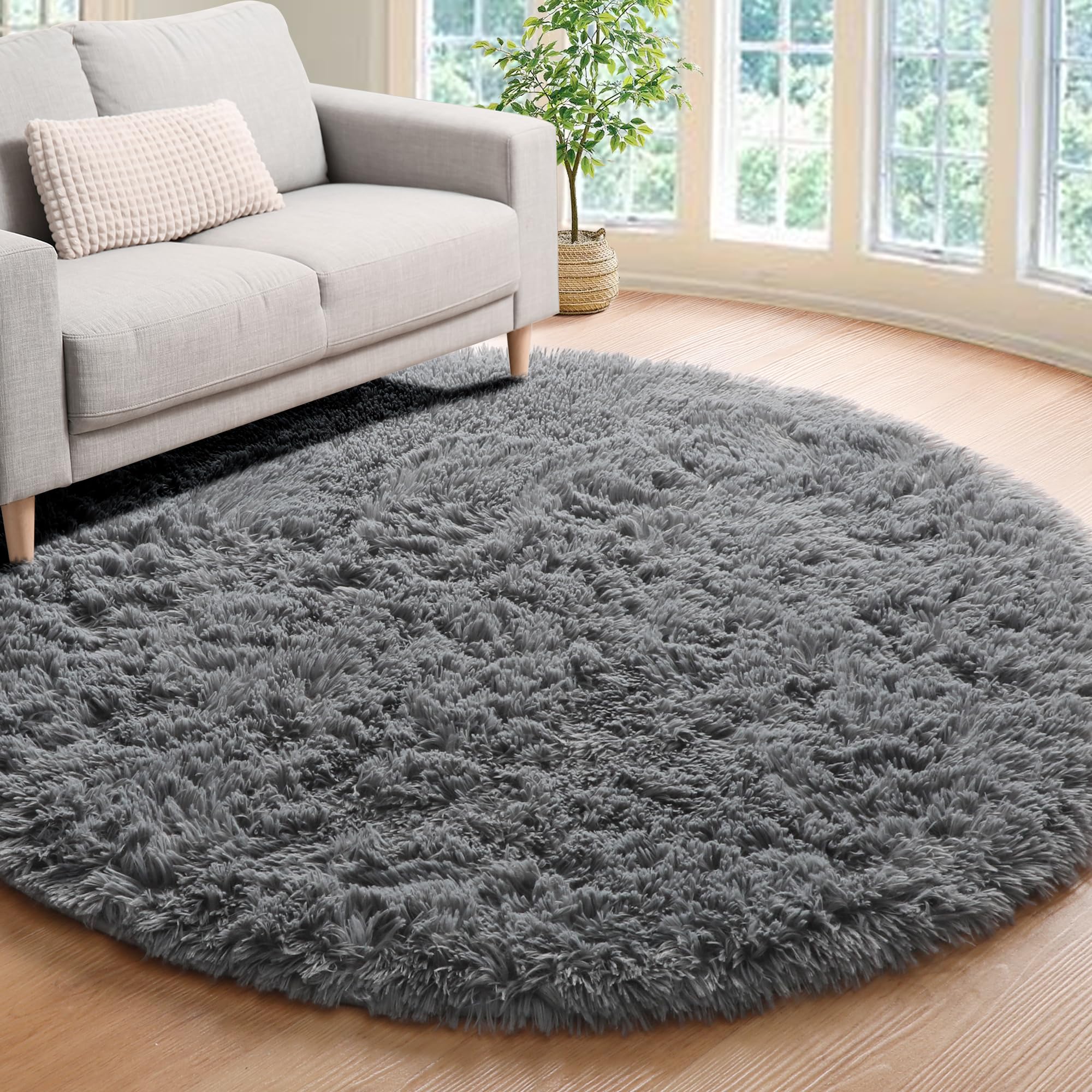 ONASAR Tie-Dyed Dark Grey Round Area Rugs 5ft, Ultra Soft Bedroom Circle Rug for Kids Girls Teen Room, Fluffy Plush Shaggy Carpet Floor Mats for Baby Nursery Living Room Playroom Home Decor