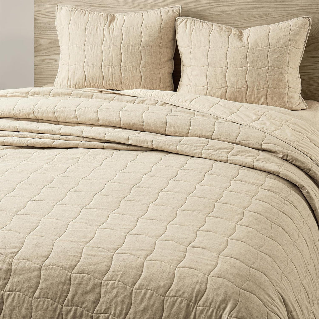 Wonderful Natural Linen Cotton Quilt - Skin-Friendly Breathable & Hypoallergenic Quilt Queen, 3 Piece Wavy Box Stitched Linen Bedding Set, All-Season Use Bedspread & Coverlet Bedding, 94"x94" | Safe Sleep