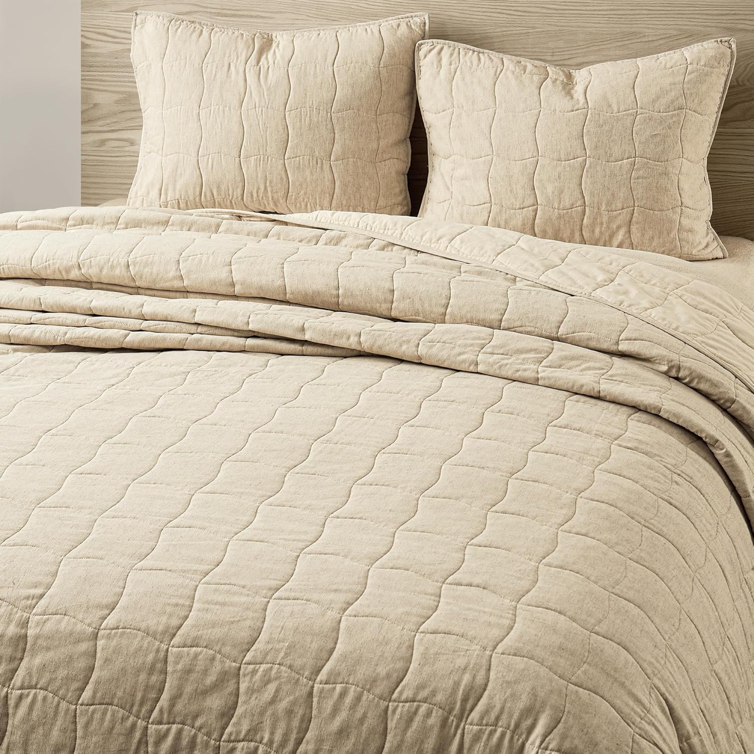 Wonderful Natural Linen Cotton Quilt - Skin-Friendly Breathable & Hypoallergenic Quilt Queen, 3 Piece Wavy Box Stitched Linen Bedding Set, All-Season Use Bedspread & Coverlet Bedding, 94"x94" | Safe Sleep