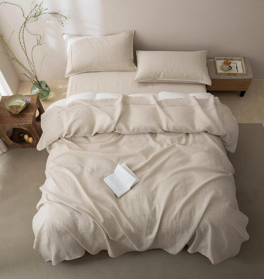 Talasily 100% French Pure Linen Sheets Set Queen Size,Oeko-TEX Certified Bedding, All-Season Breathable for Hot Sleepers,16 Inch Deep Pocket Machine Washable 4-Piece (Natural Linen)