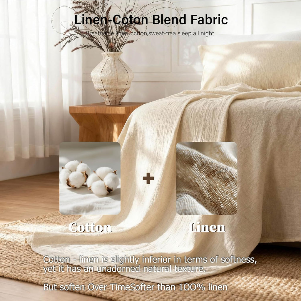 Linen Sheets Queen Size, Cotton Linen Bed Sheets, Breathable, Durable Bed Sets 18" Deep Pocket(Natural Linen)