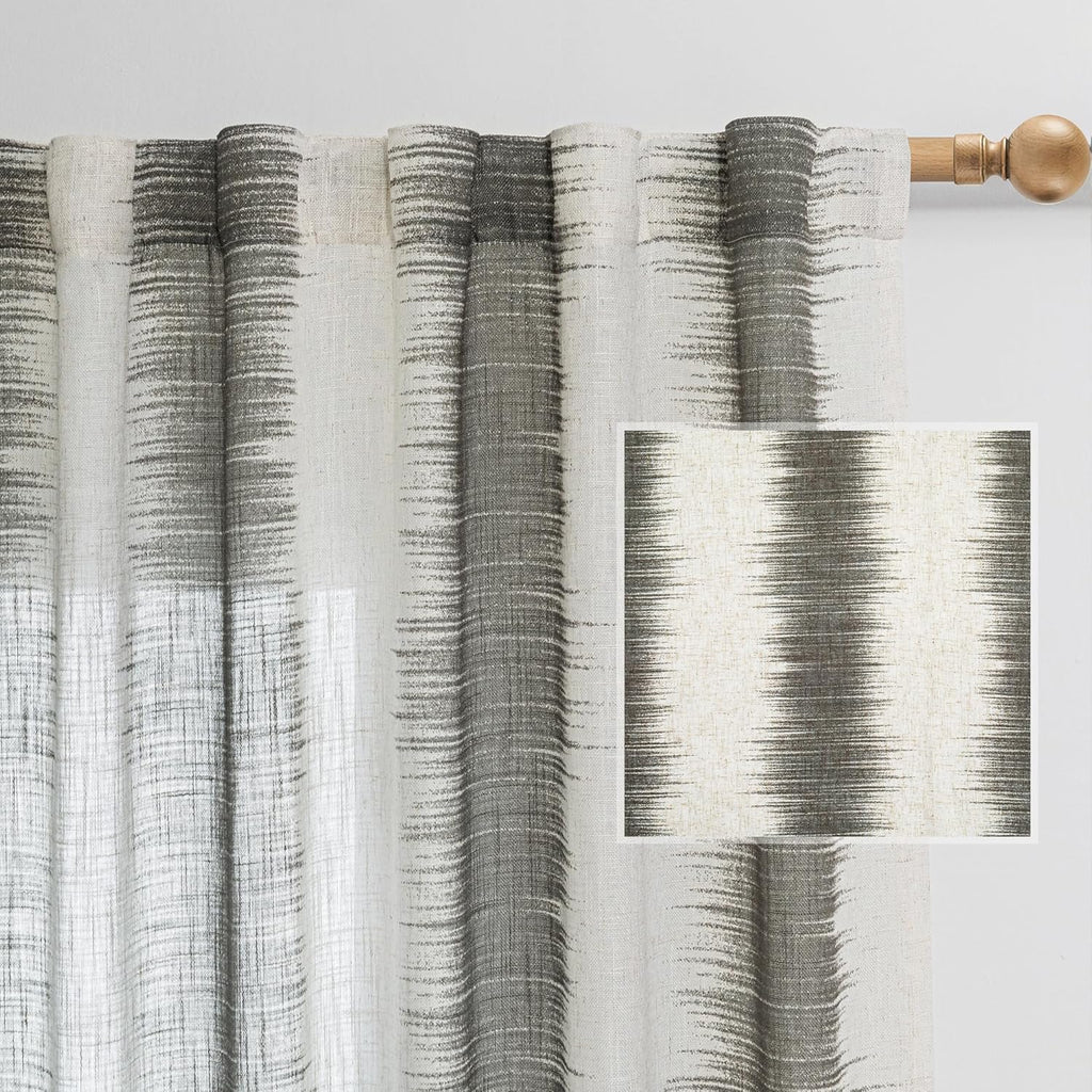 MYSKY HOME Ceiling Curtains for Living Room, Farmhouse Style Lines Printed Curtains 95 Inches Long Semi Sheer Drapes for Living Room, Modern Style Room Divider Curtains, 50"x95", Khaki, 2 PCs