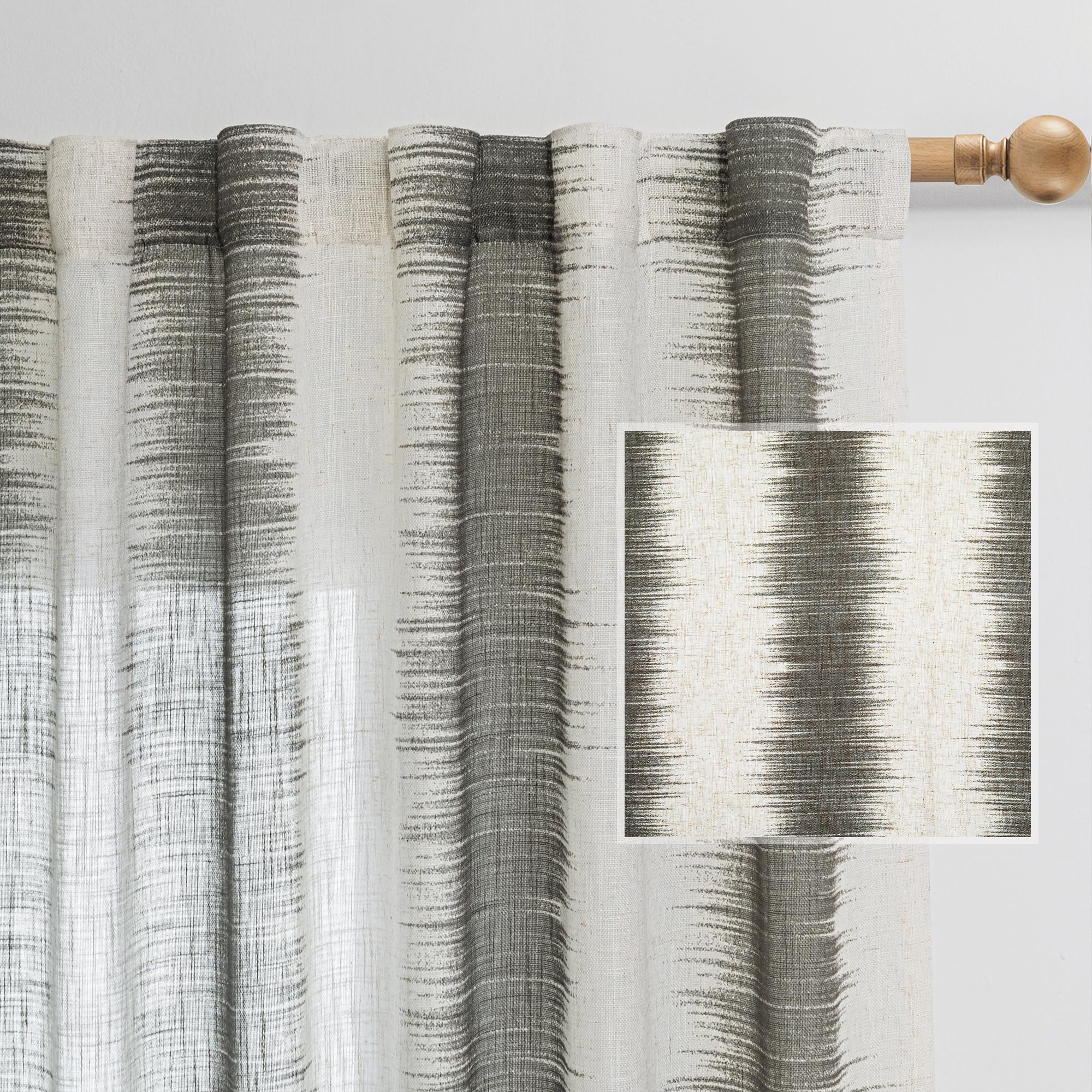 MYSKY HOME Ceiling Curtains for Living Room, Farmhouse Style Lines Printed Curtains 95 Inches Long Semi Sheer Drapes for Living Room, Modern Style Room Divider Curtains, 50"x95", Khaki, 2 PCs
