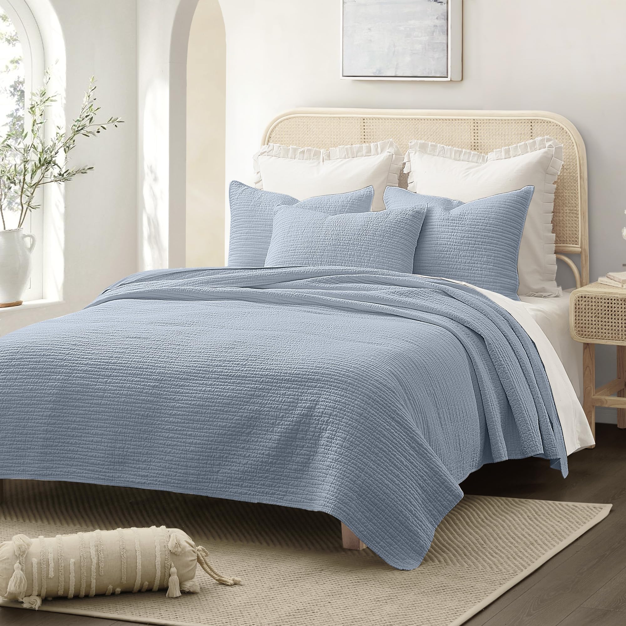 Wonderful Natural Linen Cotton Quilt - Skin-Friendly Breathable & Hypoallergenic Quilt Queen, 3 Piece Wavy Box Stitched Linen Bedding Set, All-Season Use Bedspread & Coverlet Bedding, 94"x94" | Safe Sleep