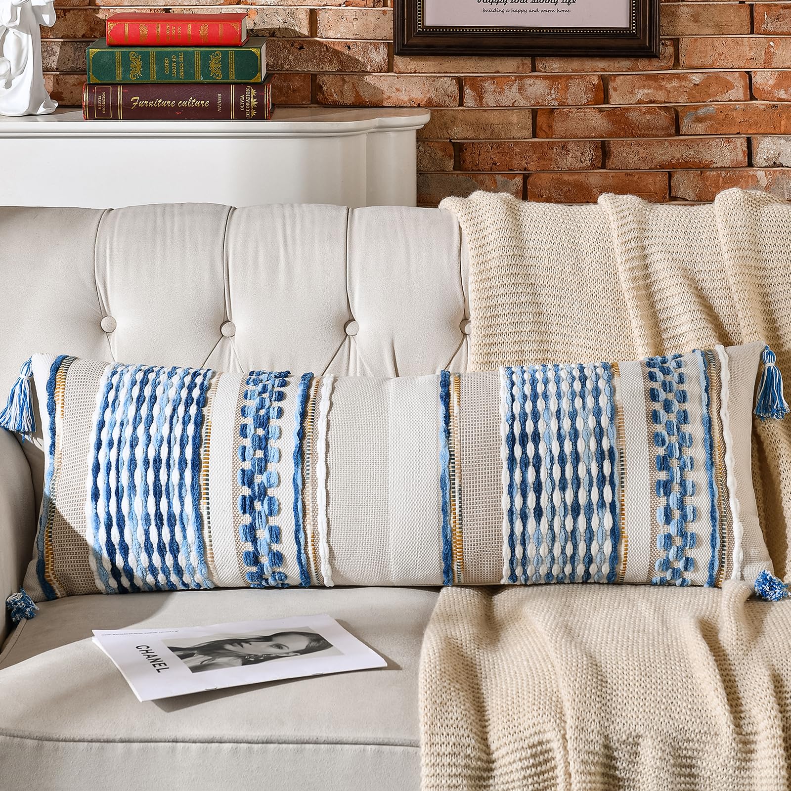 AmHoo Set of 2 Chenille Striped Tufted Textured Boho Throw Pillow Covers Aesthetic with Tassels Woven Decorative Pillow Case for Couch Bed Sofa Bedroom Modern Funky 18 x 18-Inch Brown White