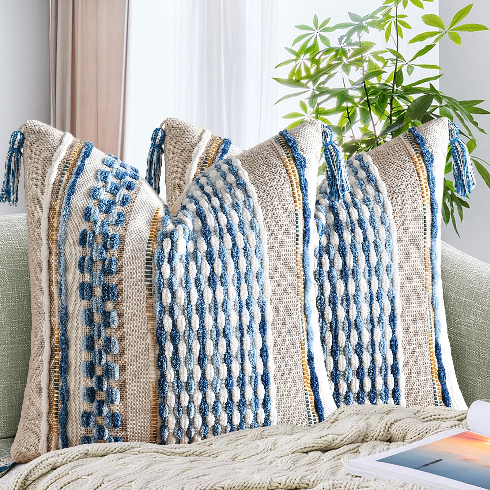 AmHoo Set of 2 Chenille Striped Tufted Textured Boho Throw Pillow Covers Aesthetic with Tassels Woven Decorative Pillow Case for Couch Bed Sofa Bedroom Modern Funky 18 x 18-Inch Brown White