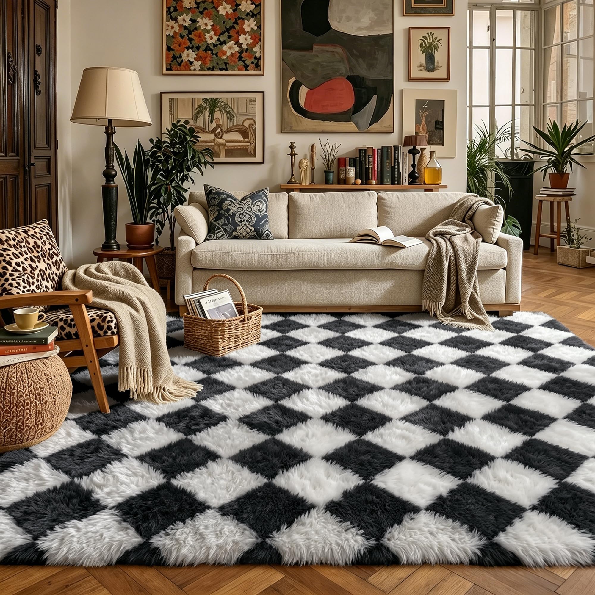 HUGEAR 8x10 Checkered Rug Coloful Living Room Modern Shag Rug Super Soft Washable Indoor Fuzzy Carpet Fluffy Vacuumable Rainbow Area Rugs for Bedroom Home Decor Non Slip