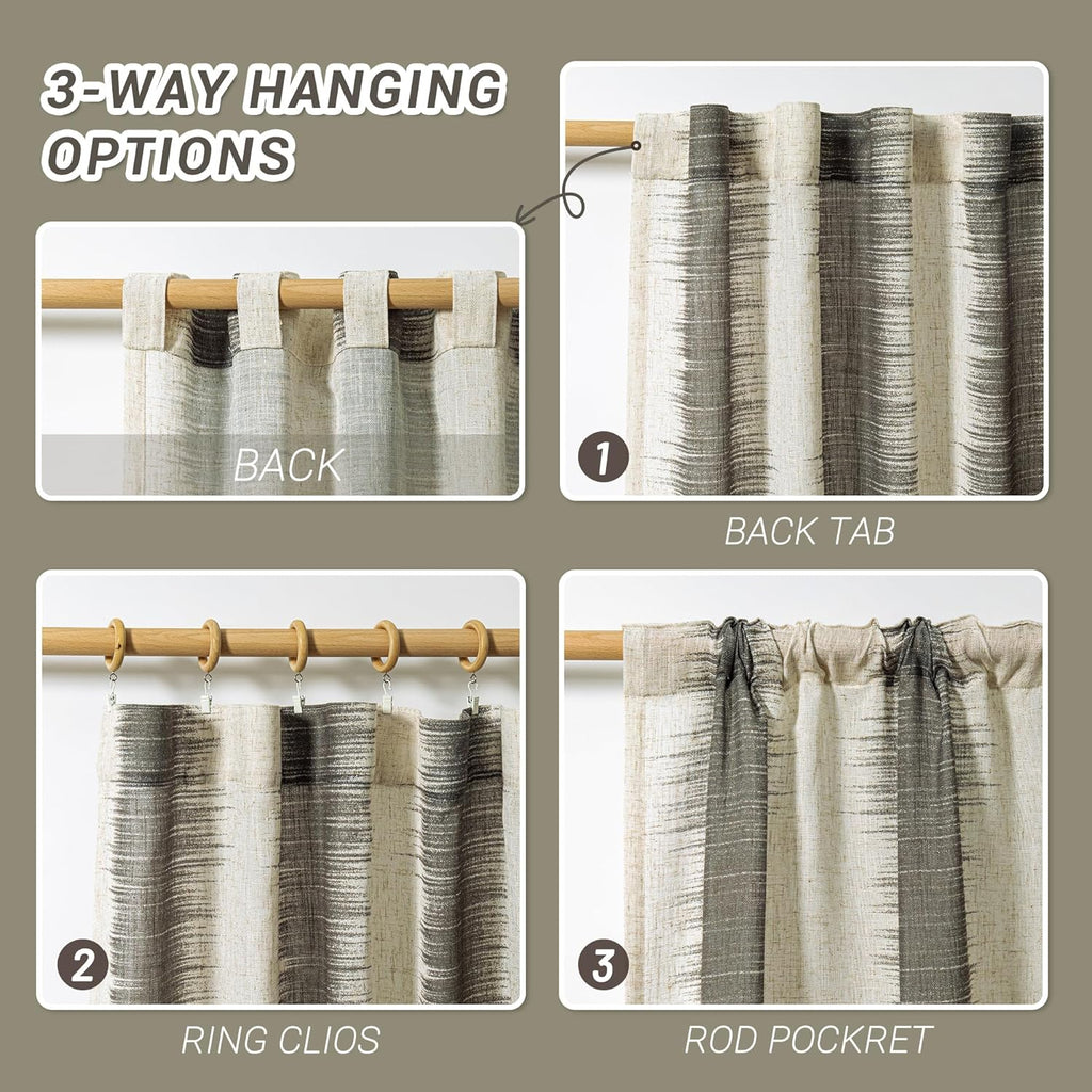 MYSKY HOME Ceiling Curtains for Living Room, Farmhouse Style Lines Printed Curtains 95 Inches Long Semi Sheer Drapes for Living Room, Modern Style Room Divider Curtains, 50"x95", Khaki, 2 PCs