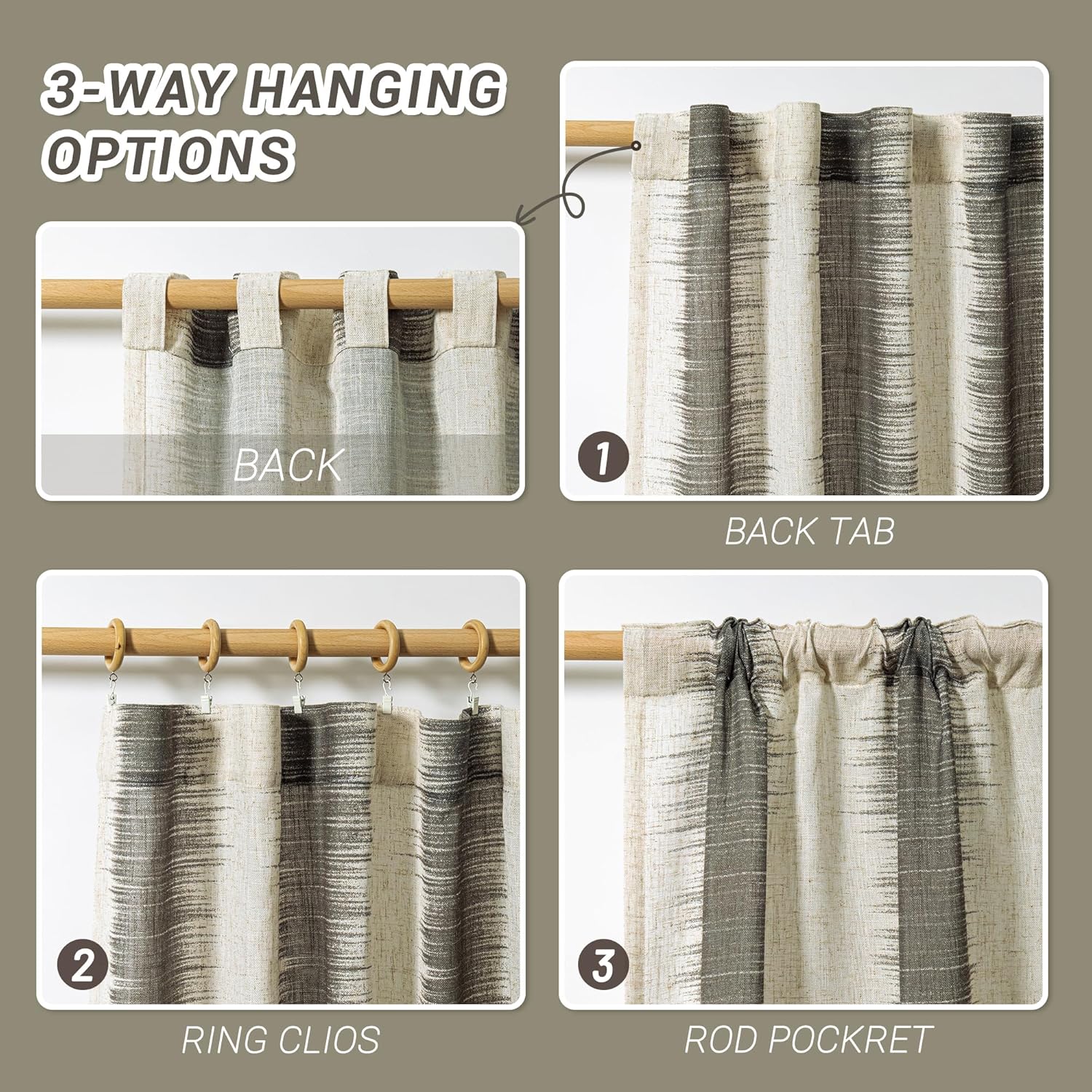 MYSKY HOME Ceiling Curtains for Living Room, Farmhouse Style Lines Printed Curtains 95 Inches Long Semi Sheer Drapes for Living Room, Modern Style Room Divider Curtains, 50"x95", Khaki, 2 PCs