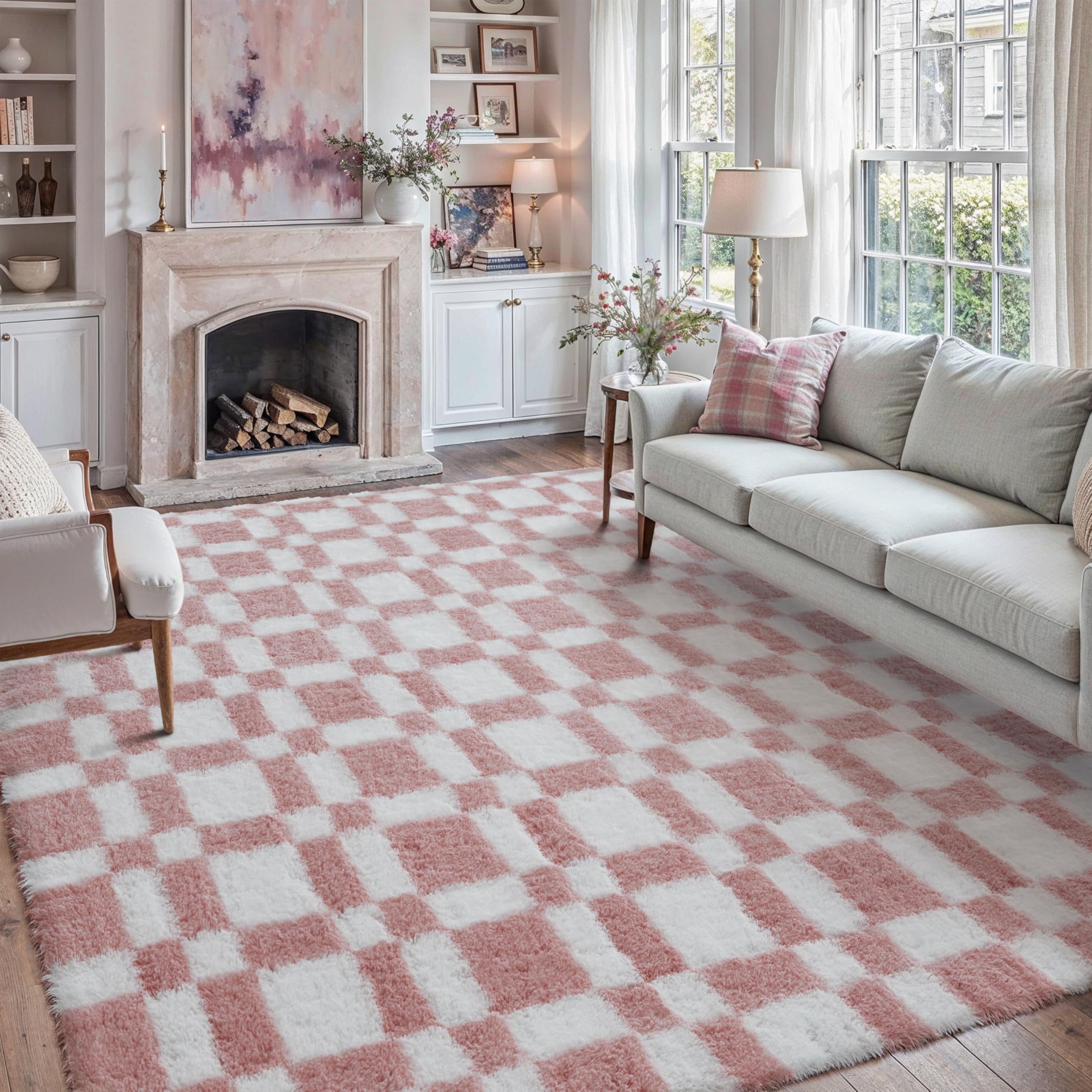 HUGEAR 8x10 Checkered Rug Coloful Living Room Modern Shag Rug Super Soft Washable Indoor Fuzzy Carpet Fluffy Vacuumable Rainbow Area Rugs for Bedroom Home Decor Non Slip