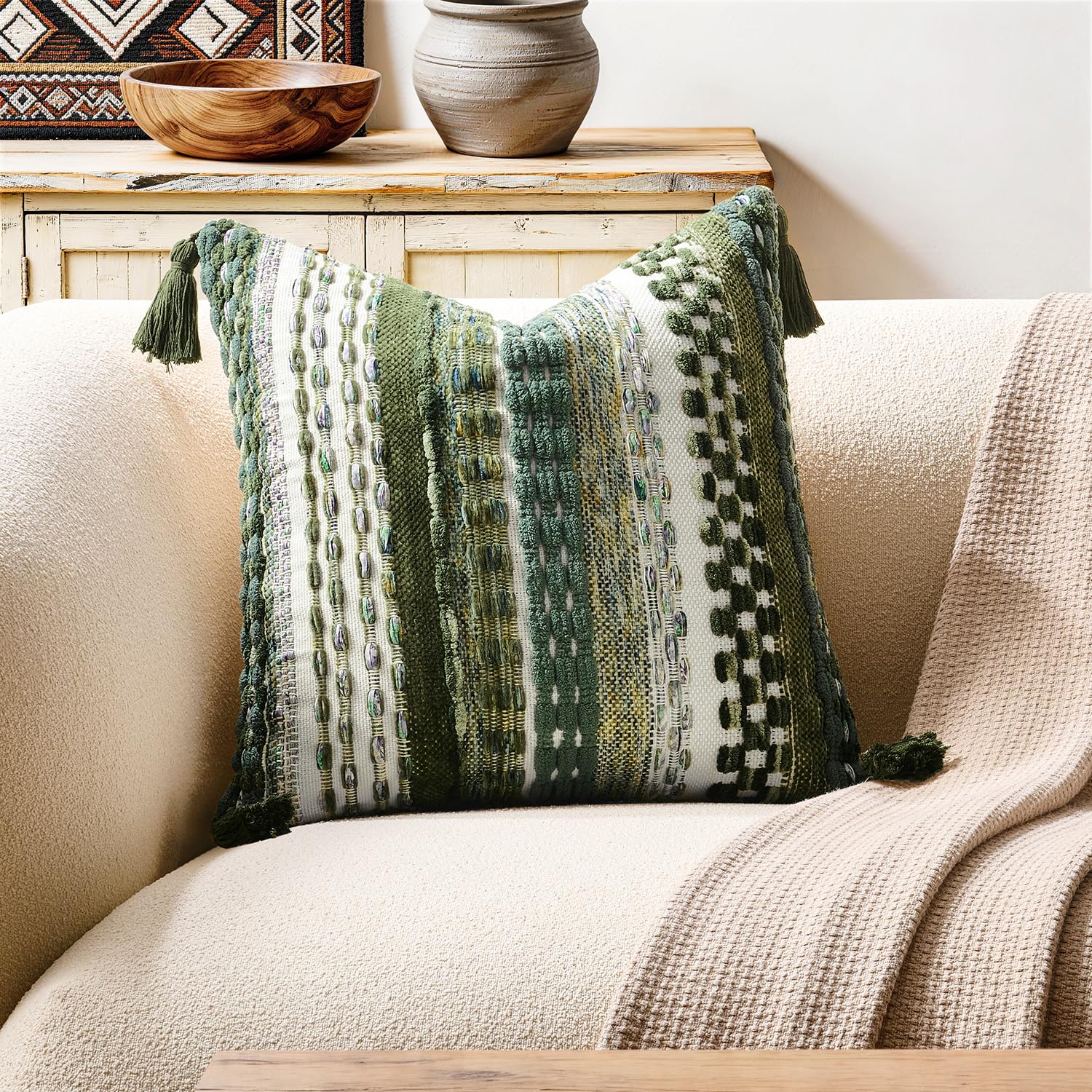 Kevin Textile 20x20 Inch Throw Pillow Cover 1 Pack Boho Decorative Soft Chenille Thread Woven Tufted Textured Square Cushion Case Farmhouse Accent for Living Room Couch Sofa Bed, Green