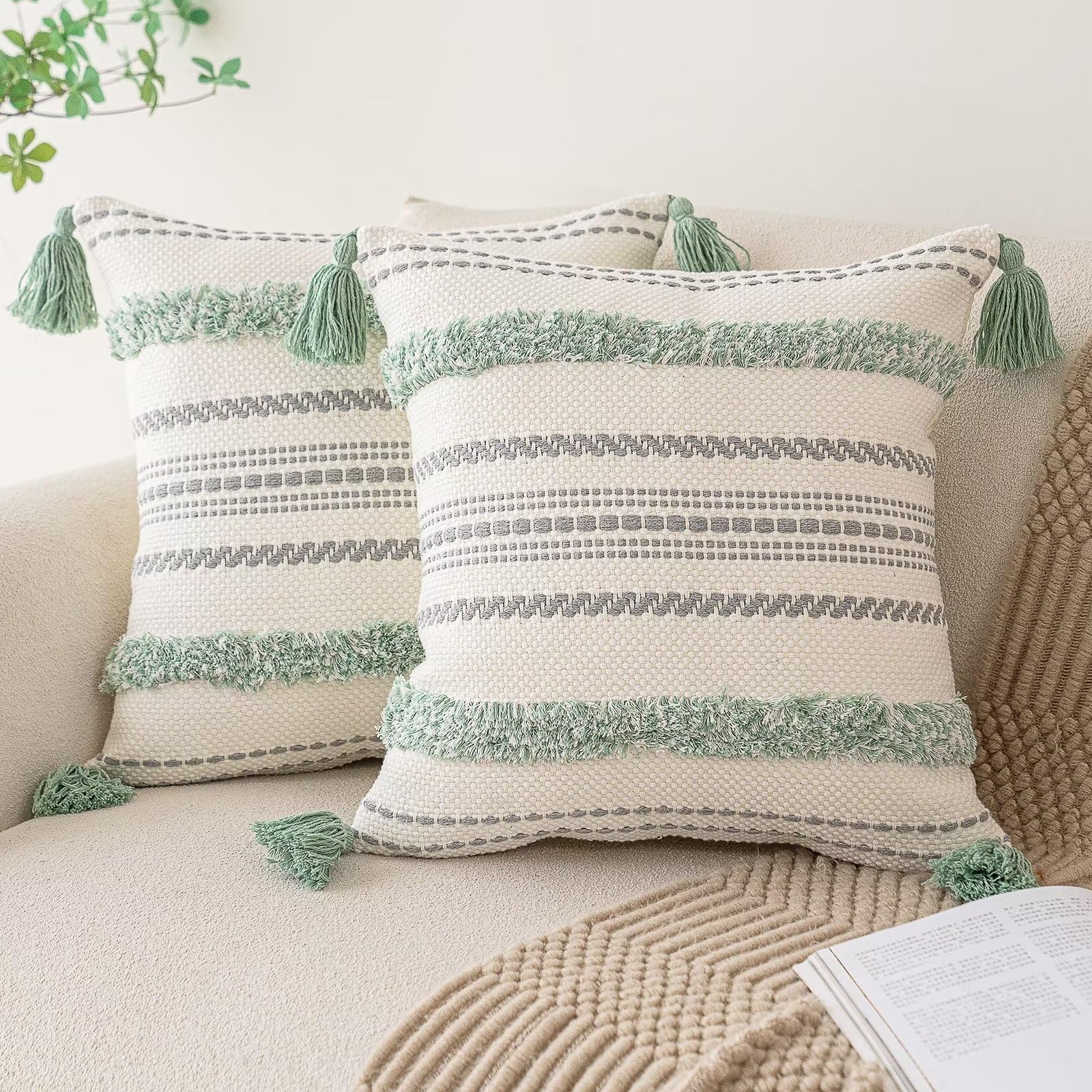 Boho Throw Pillow Covers 20x20 Set of 2 Woven Tufted Farmhouse Pillows Cover with Tassels Textured Striped Cushion Case Neutral Pillow Cases Decorative Pillowcase for Sofa, Couch, Bed, Dark Blue