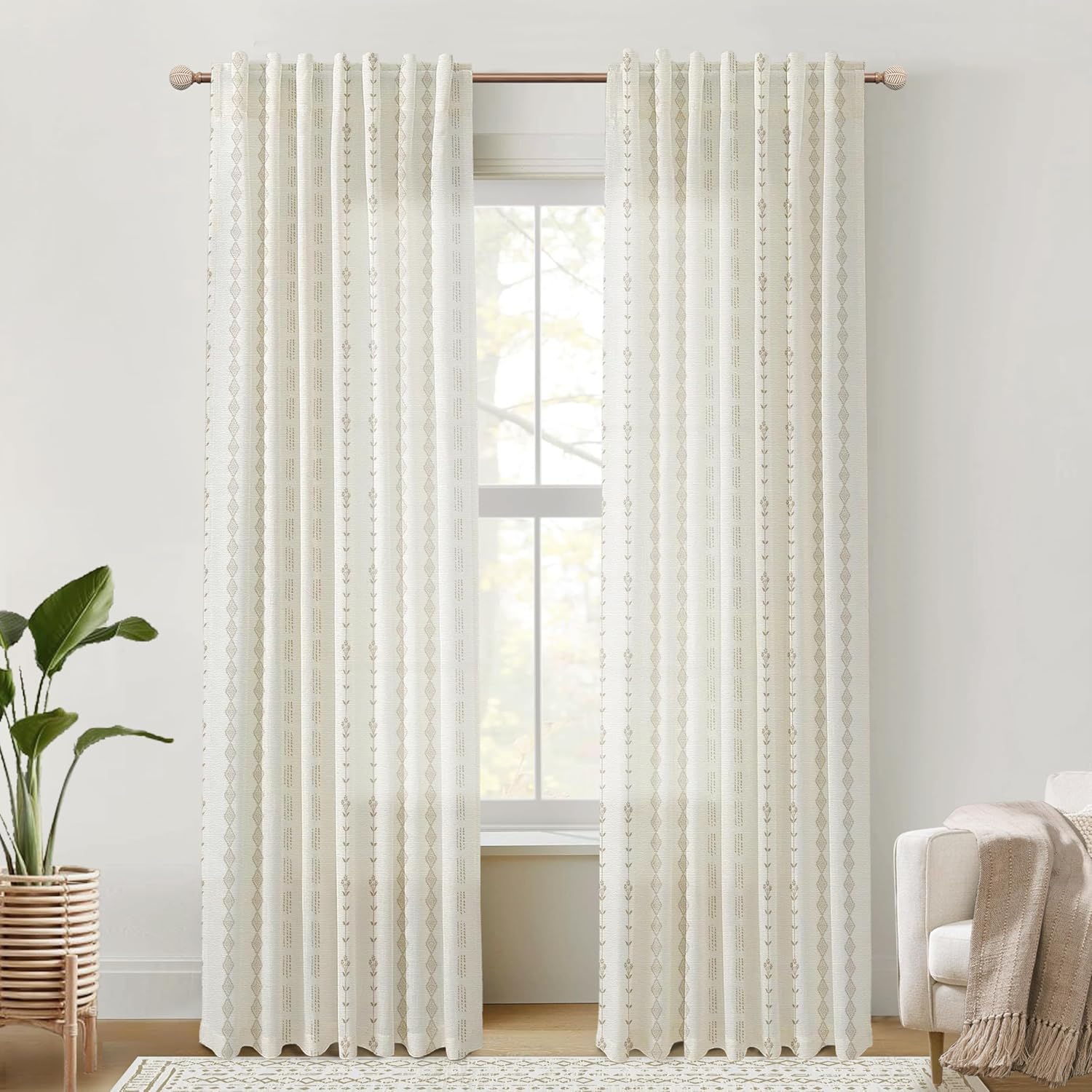 Linen Farmhouse Curtains for Living Room, Neutral Taupe Cream Light Filtering Boho Sheer Floral Patterned Curtains for Dining Room Bedroom 84 Inch Length 2 Panels Set