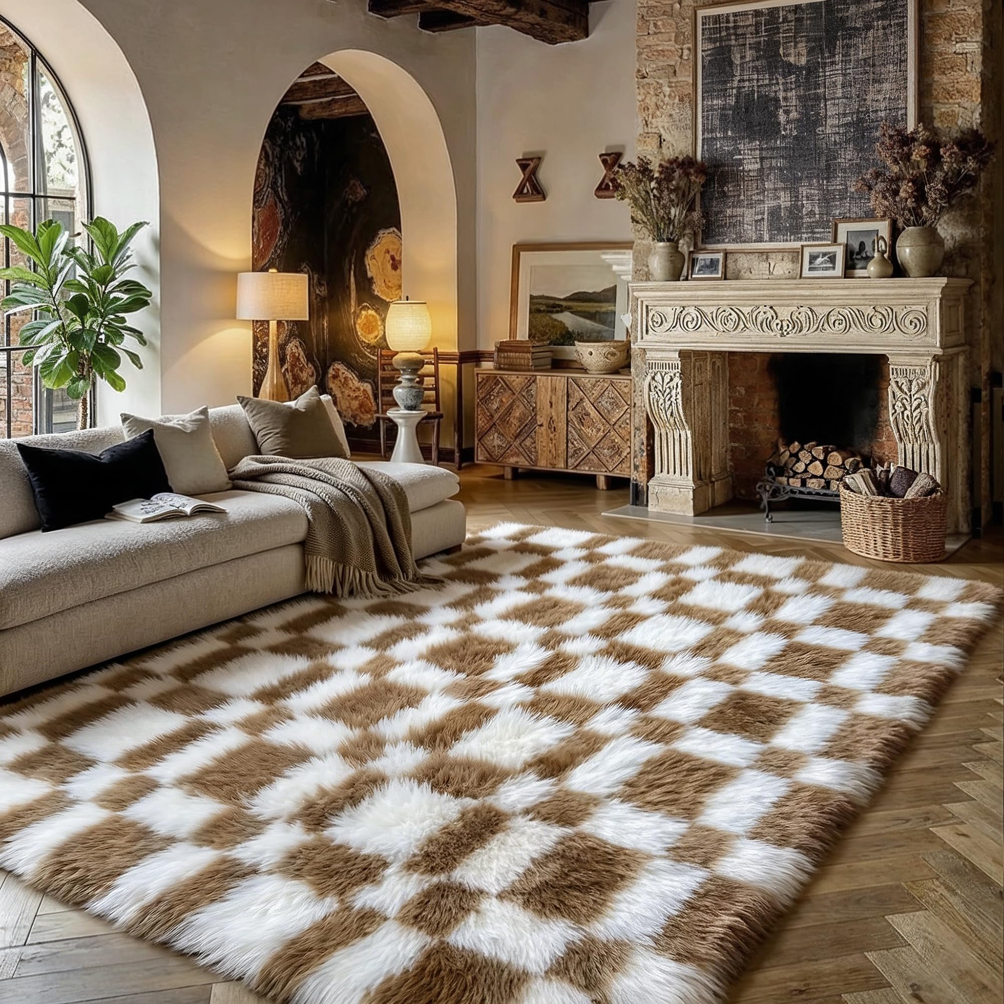 HUGEAR 8x10 Checkered Rug Coloful Living Room Modern Shag Rug Super Soft Washable Indoor Fuzzy Carpet Fluffy Vacuumable Rainbow Area Rugs for Bedroom Home Decor Non Slip