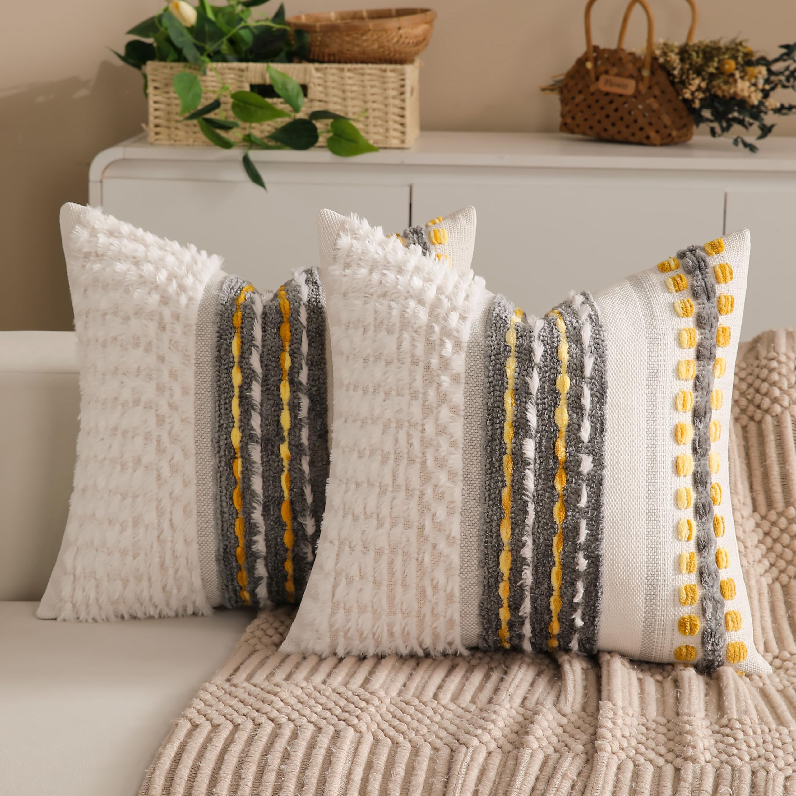 Boho Chenille Tufted Couch Throw Pillow Covers 18x18 Inch Set of 2 Farmhouse Striped Decorative Pillow Covers Accent Neutral Pillowcase Teal Cushion Cover for Living Room Sofa Bed