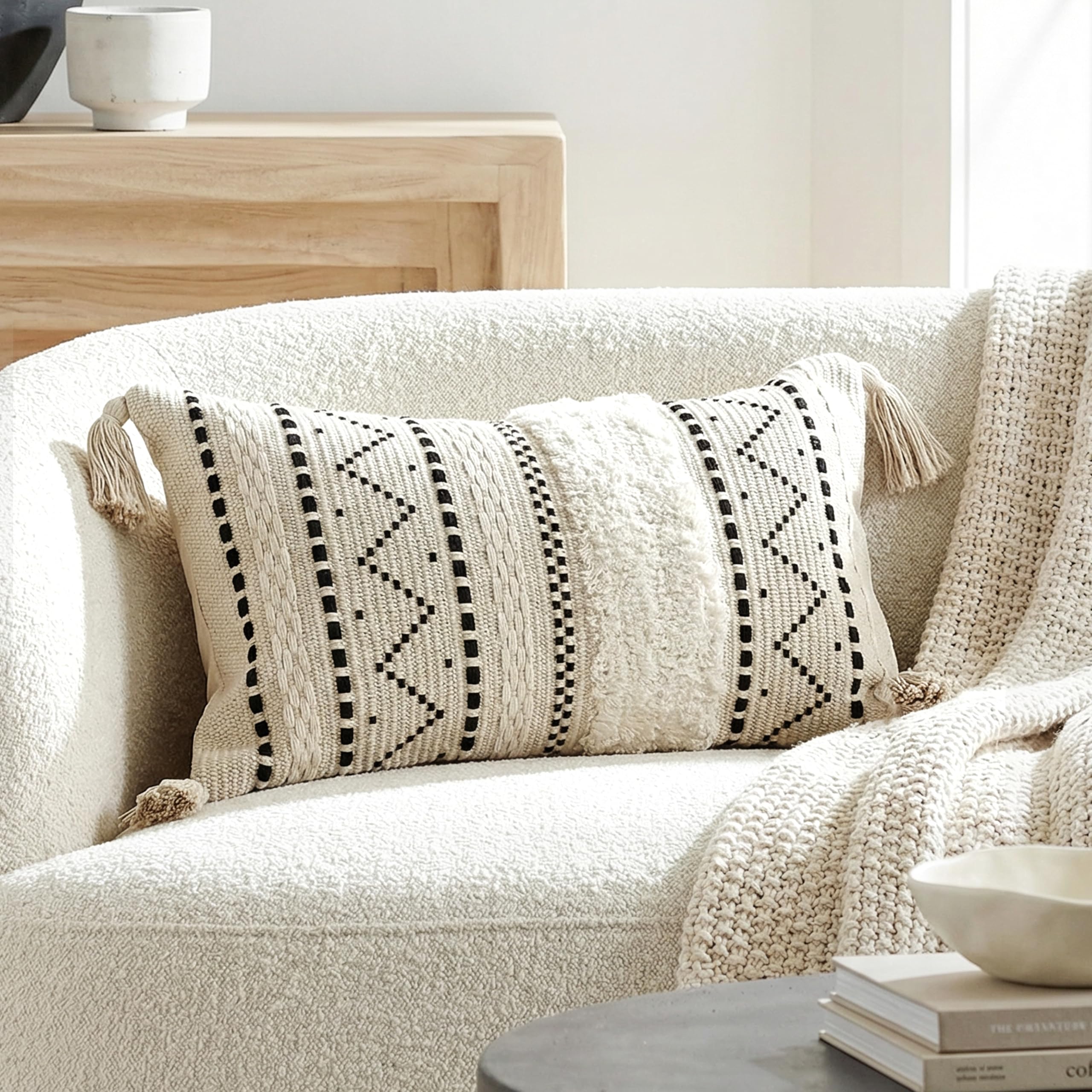 BlissBlush Decorative Throw Pillow Covers 20x20 Combo Set of 2 Square Cream Neutral White Boho Accent Pillowcase Tassels Farmhouse Cushion for Couch Sofa Bedroom Living Room Home Décor Cover ONLY