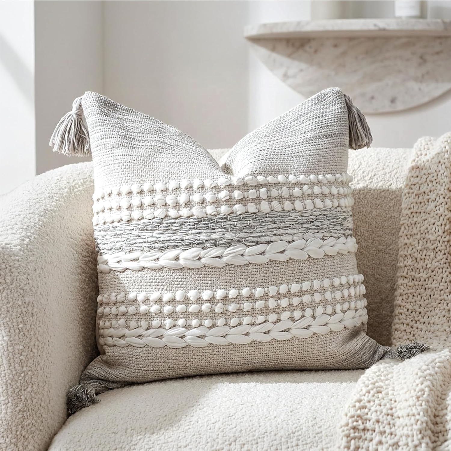 BlissBlush Gray Decorative Throw Pillow Cover 20X20, Boho Accent Pillow for Couch, Square Modern Farmhouse Pillowcase for Living Room Couch Sofa Cushion Home Décor (Pack of 1)