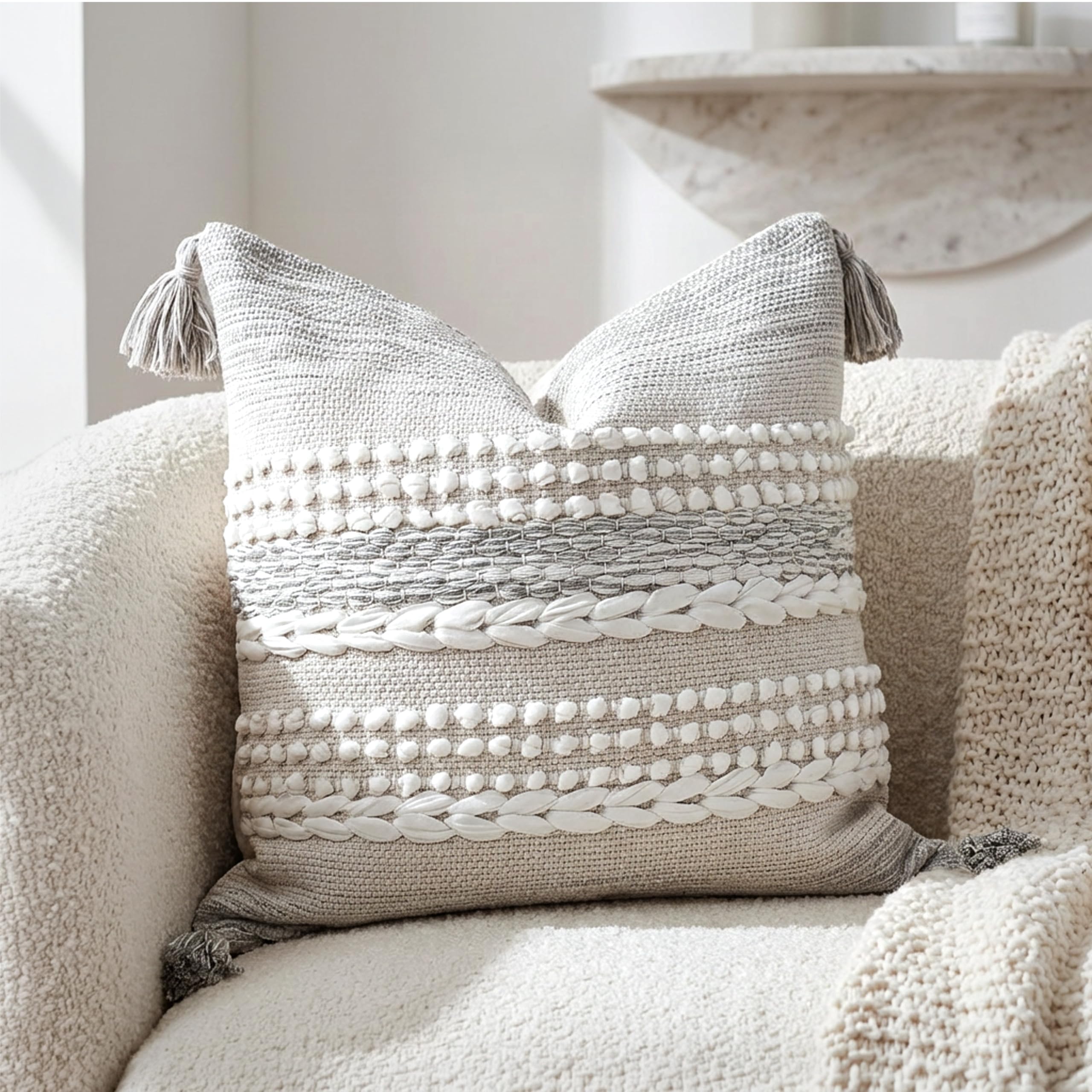 BlissBlush Gray Decorative Throw Pillow Cover 20X20, Boho Accent Pillow for Couch, Square Modern Farmhouse Pillowcase for Living Room Couch Sofa Cushion Home Décor (Pack of 1)