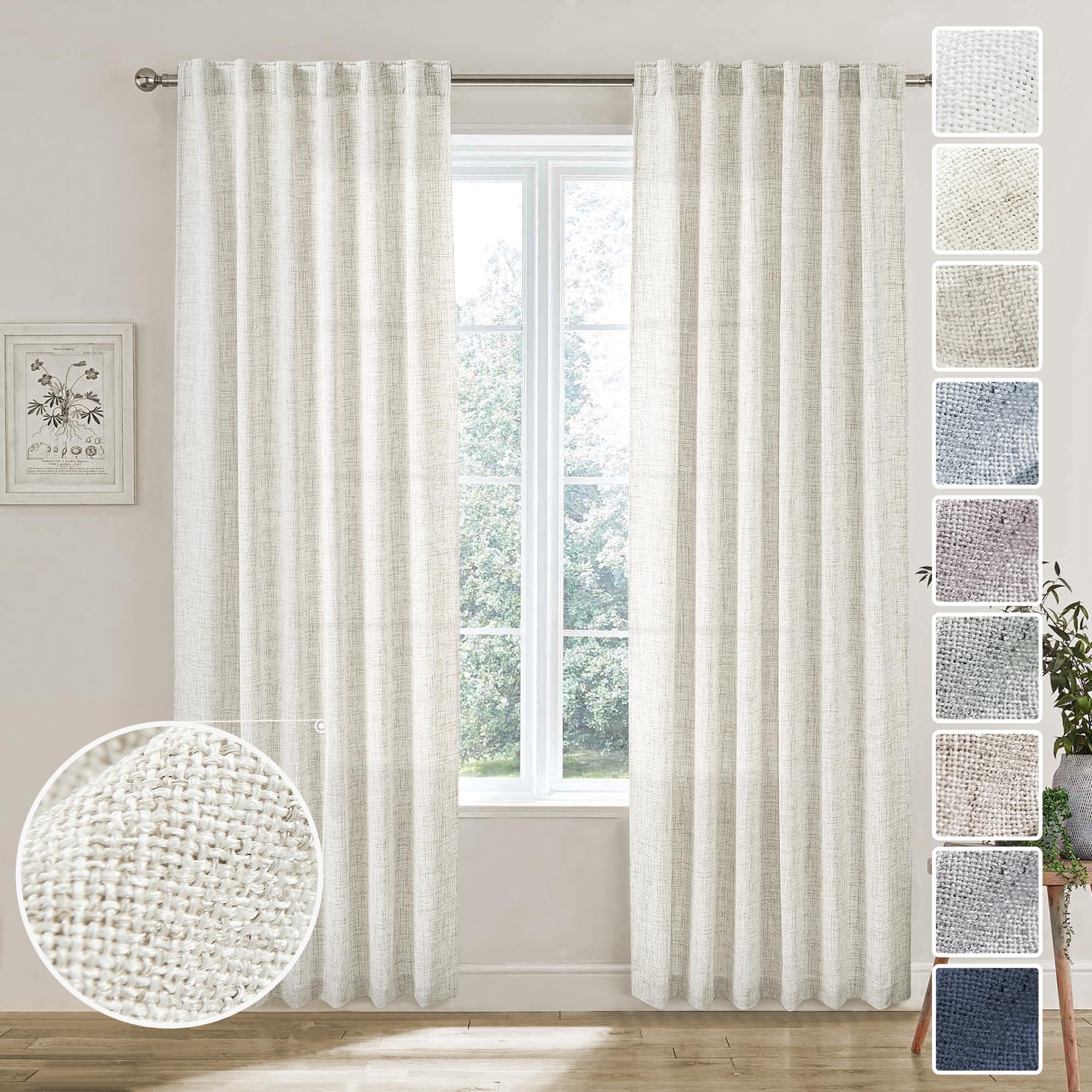 Natural Linen Back Tab Curtains 92 inch Long 2 Panels Set for Living Room Semi Sheer Light Filtering Window Drape Neutral Country Farmhouse Boho Curtains for Bedroom Cream Beige