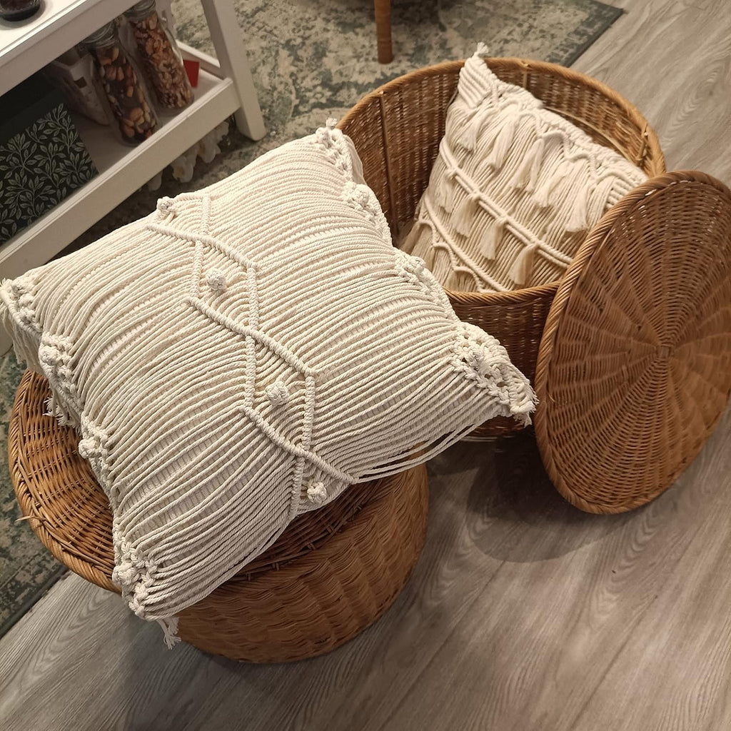 kiido Throw Pillow Covers Macrame Cushion Case Woven Boho Comfy Square Pillow Cases with Tassels Set of 2 Decorative Pillowcase (17X17) AB Style
