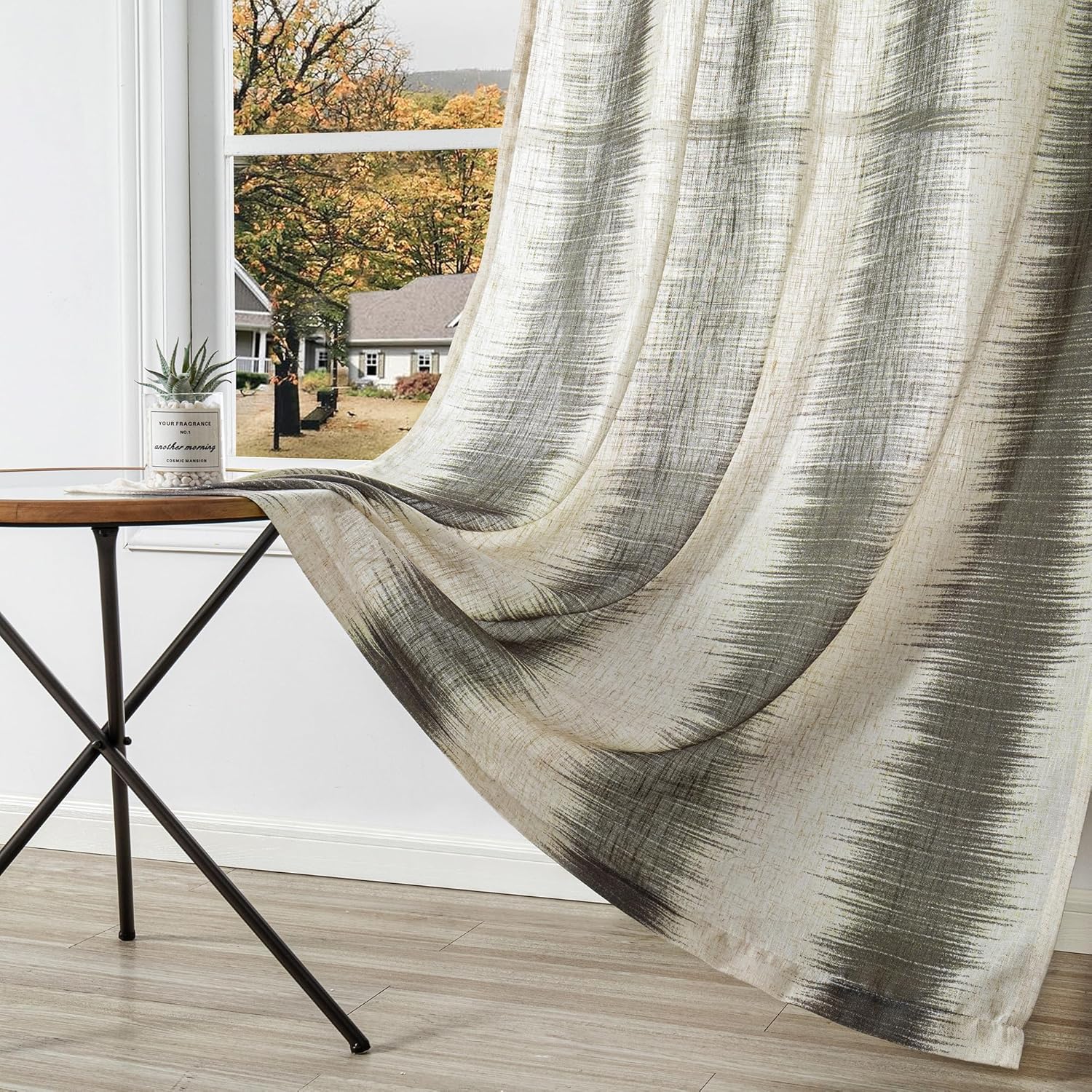 MYSKY HOME Ceiling Curtains for Living Room, Farmhouse Style Lines Printed Curtains 95 Inches Long Semi Sheer Drapes for Living Room, Modern Style Room Divider Curtains, 50"x95", Khaki, 2 PCs