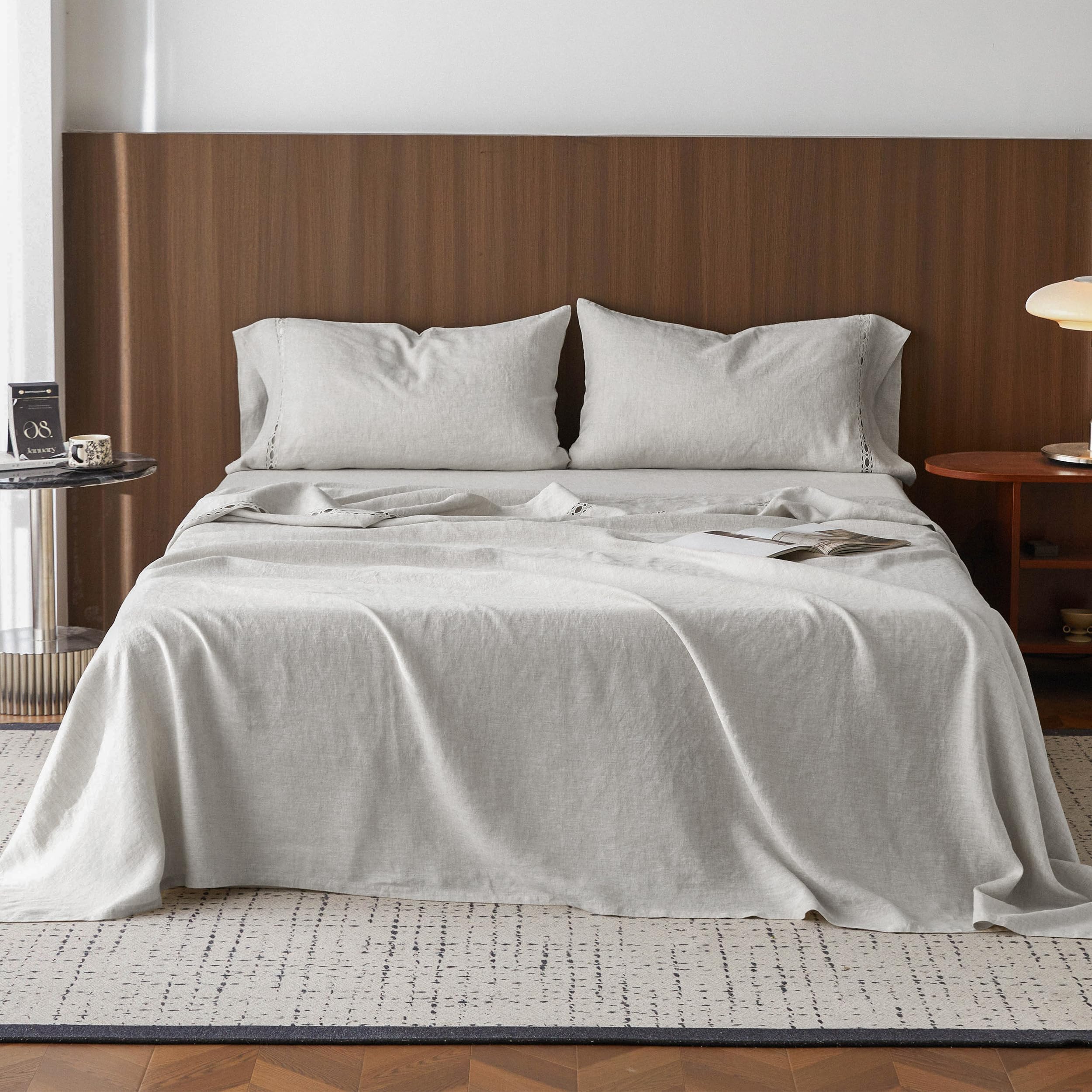 Simple&Opulence 100% Linen Sheets Queen Size Set, 4 Pcs Natural French Linen Bed Sheets, Breathable Soft Durable Bedding Set for All Season (Classic Blue, Queen)