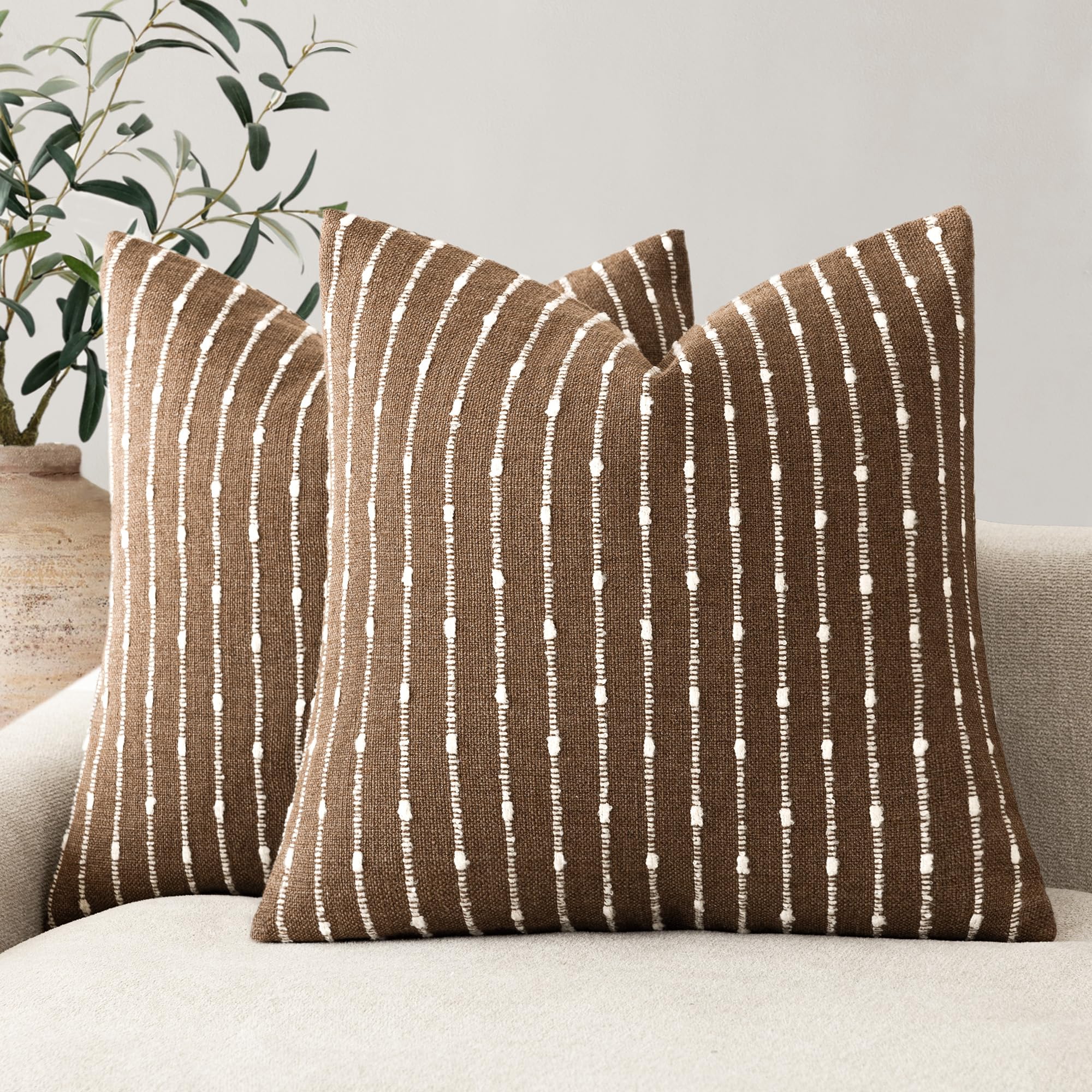 Foindtower Pack of 2 Decorative Jacquard Boucle Throw Pillow Covers Accent Textured Striped Pillowcases Soft Boho Modern Cushion for Couch Sofa Bedroom Living Room Home Decor 22x22 Inch Natural Beige