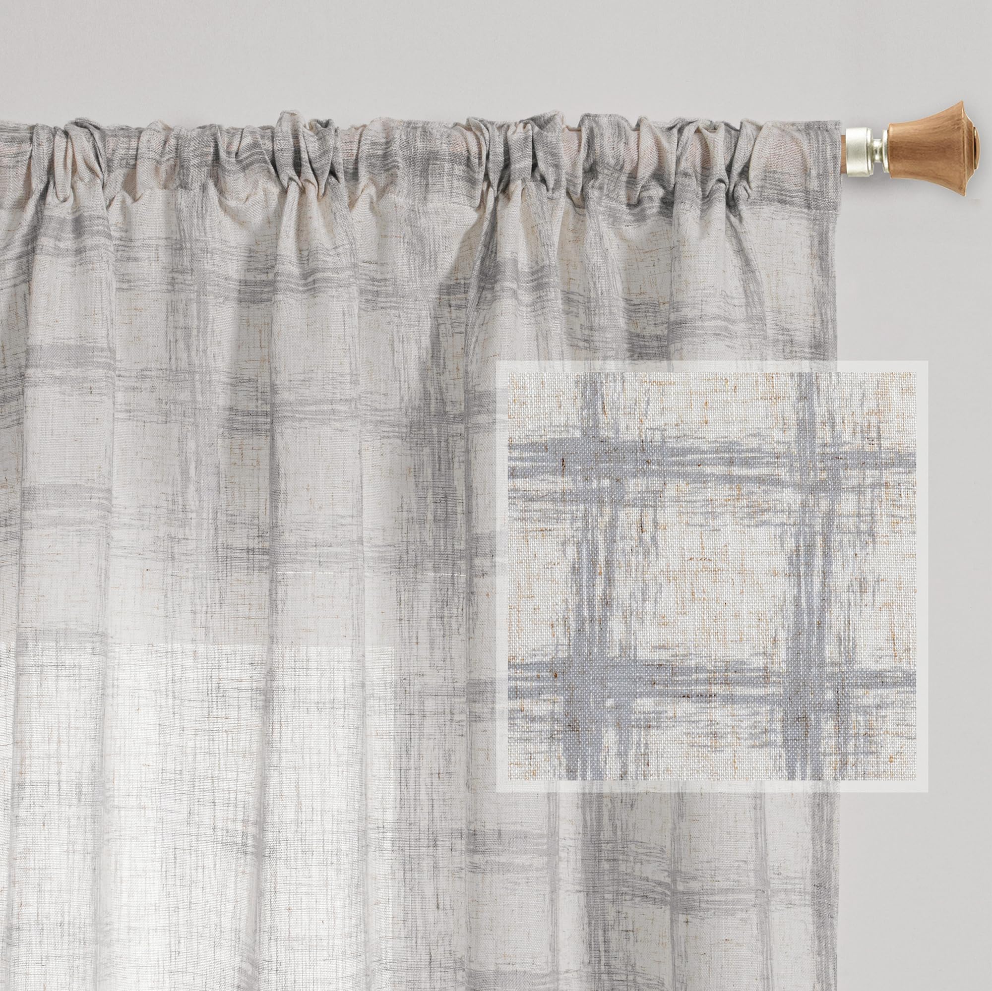 MYSKY HOME Ceiling Curtains for Living Room, Farmhouse Style Lines Printed Curtains 95 Inches Long Semi Sheer Drapes for Living Room, Modern Style Room Divider Curtains, 50"x95", Khaki, 2 PCs