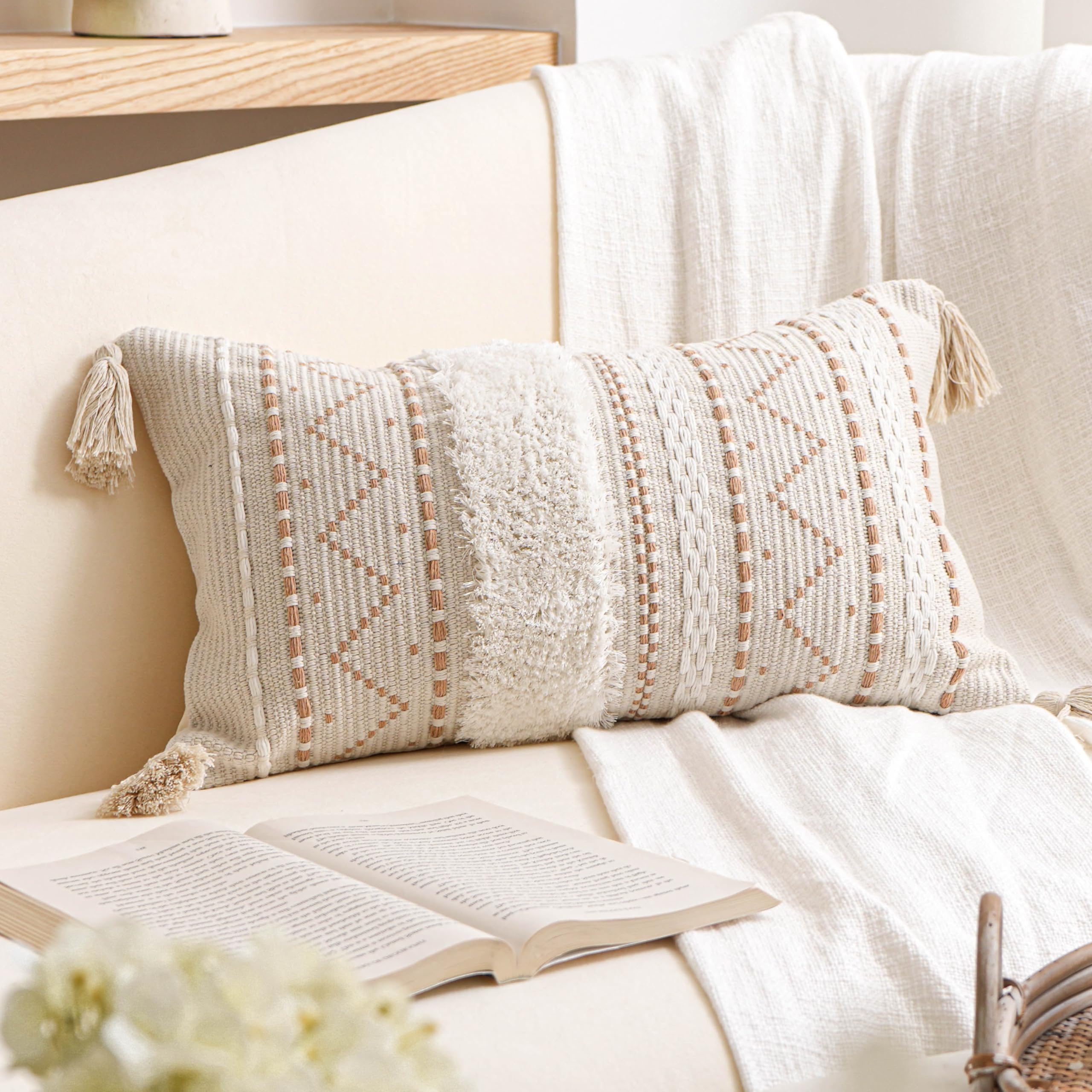 BlissBlush Decorative Throw Pillow Covers 20x20 Combo Set of 2 Square Cream Neutral White Boho Accent Pillowcase Tassels Farmhouse Cushion for Couch Sofa Bedroom Living Room Home Décor Cover ONLY