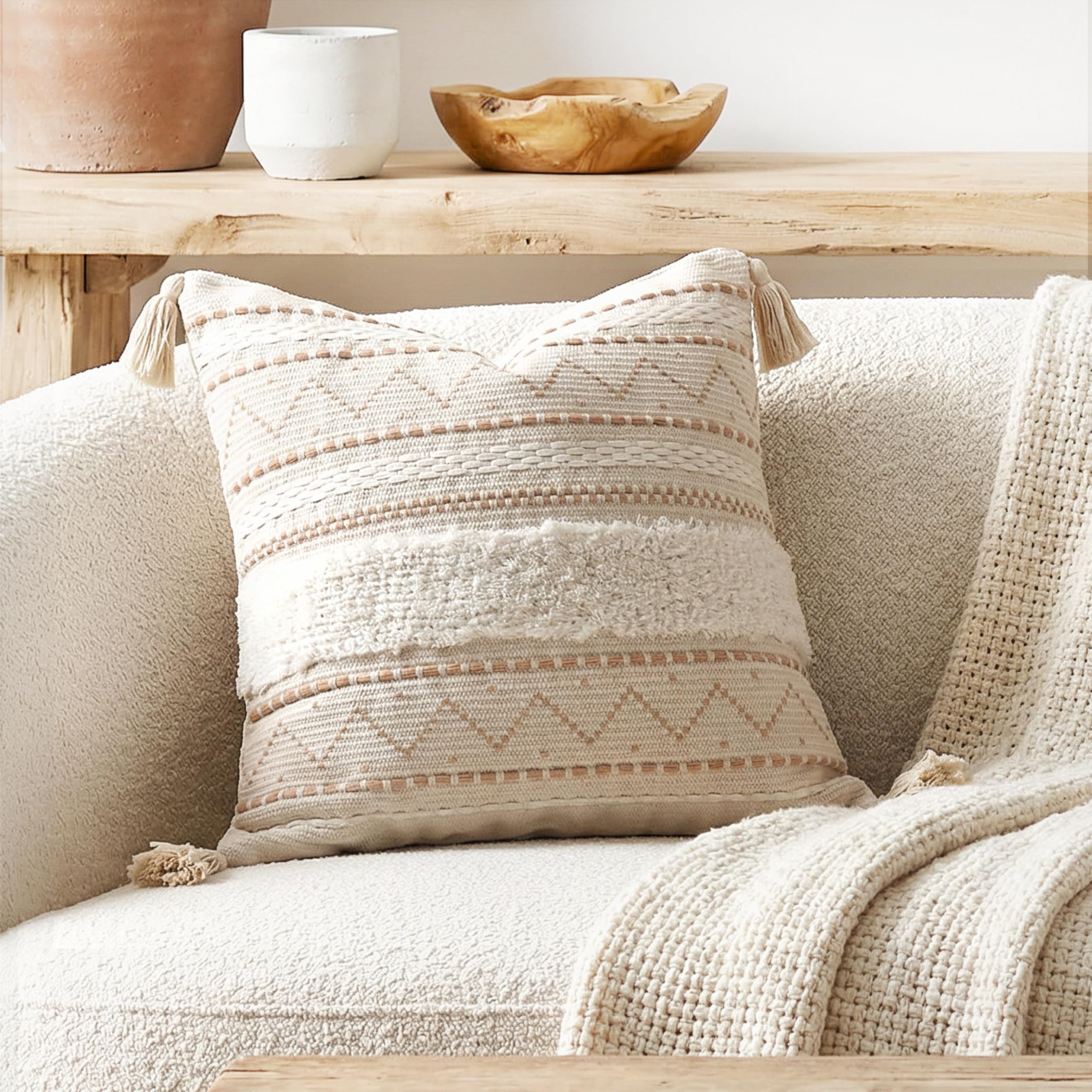 BlissBlush Decorative Throw Pillow Covers 18x18 Combo Set of 2 Square Boho Black Neutral Accent Pillowcase Tassels Farmhouse Cushion for Couch Sofa Bedroom Living Room Home Décor Cover ONLY