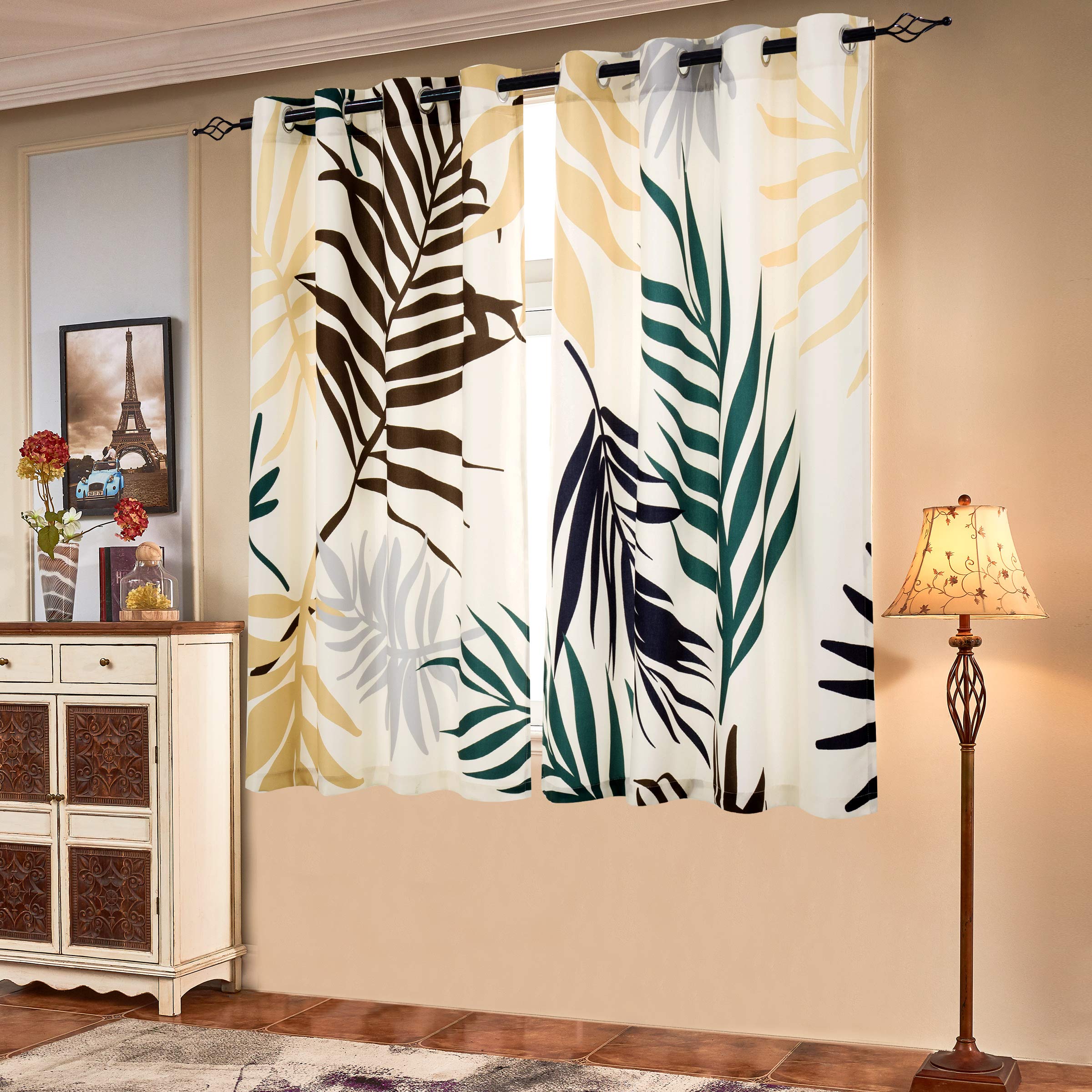 SUBRTEX Light Flitering Curtains 52Wx84L, Room Darkening Vibrant Floral Drapes, 50% Blackout, Semi Sheer Boho Farmhouse Curtains for Living Room, Brown