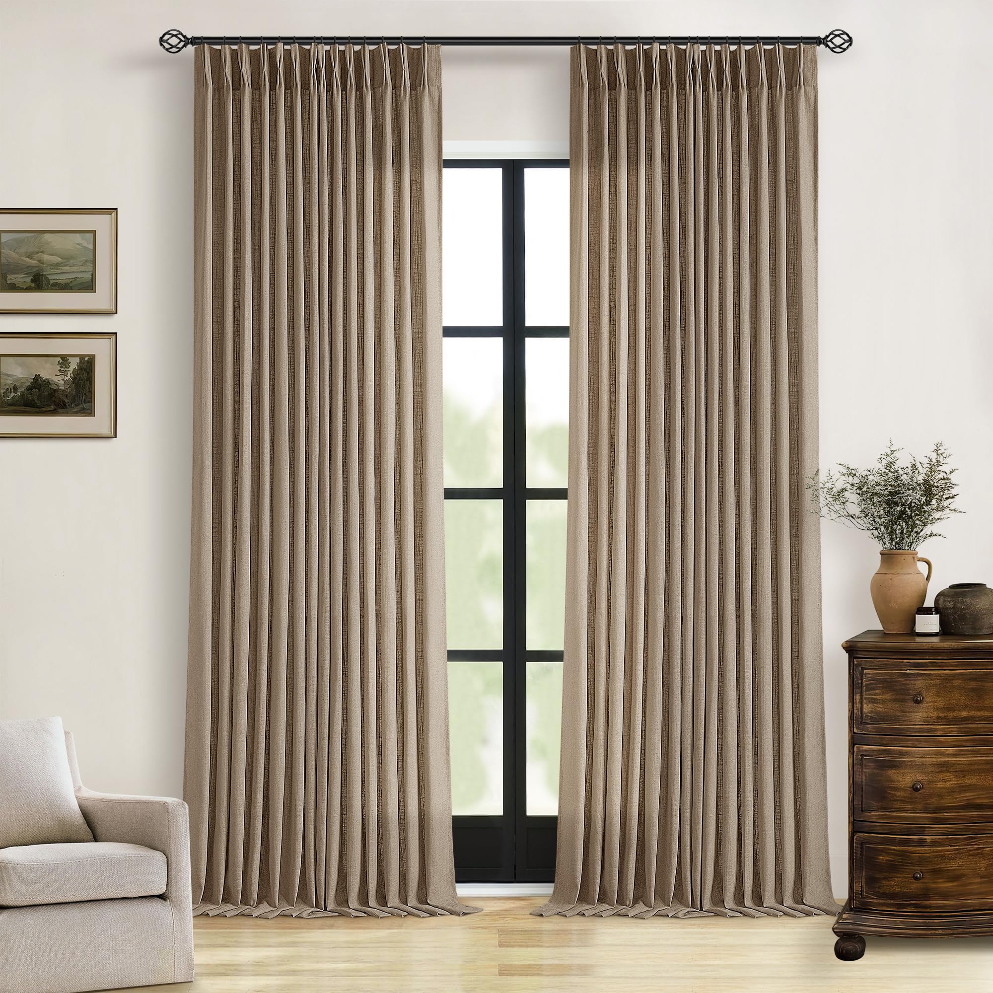 Dutch Cocoa Pinch Pleated Linen Curtains 84 Inches Long 60 Inch Width Linen Blend Light Filtering Window Curtains 84 Inch for Living Room Bedroom Patio Pinch Pleat Drapes Hooks Rings 1 Panel 60Wx84L