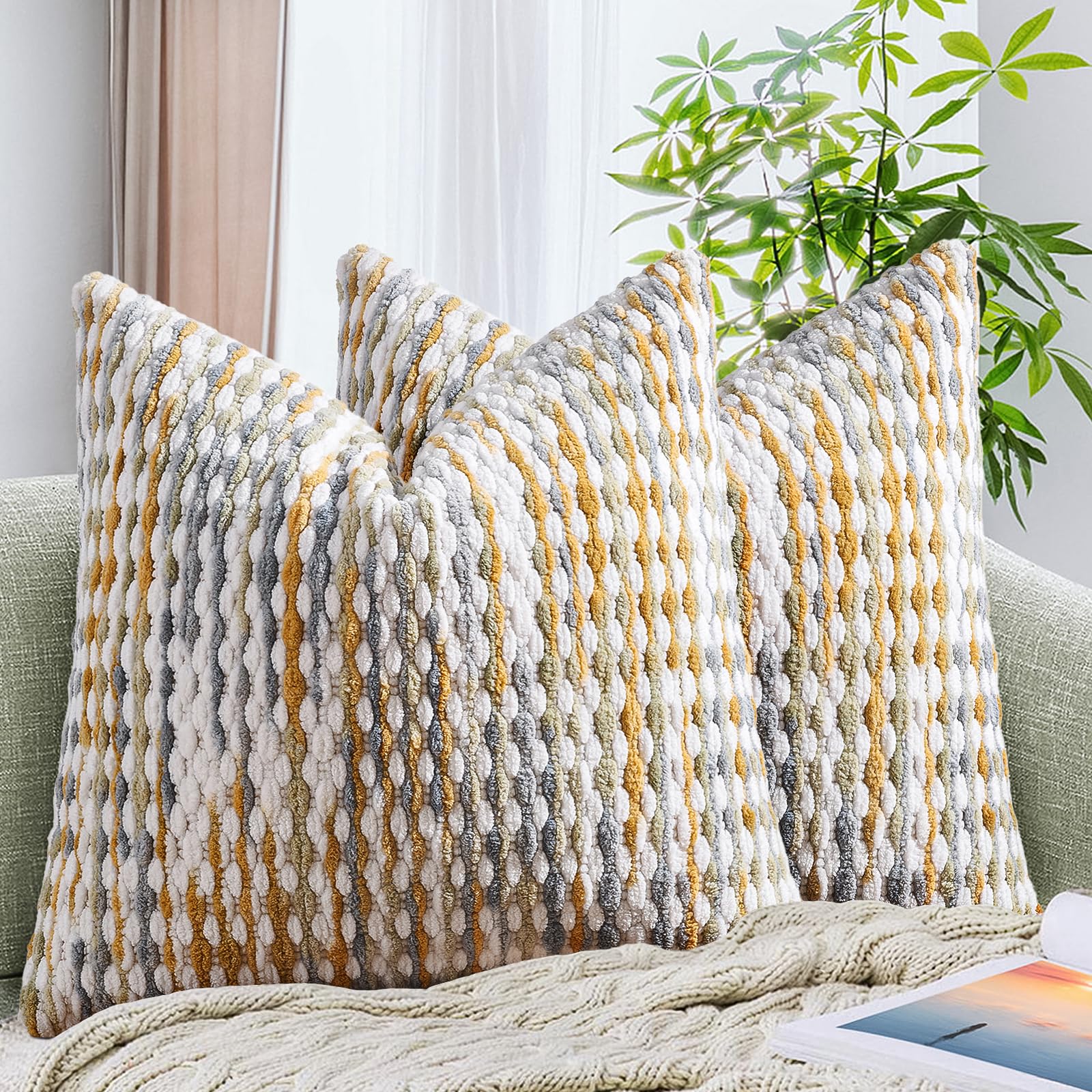 20×20 Inch Brown Boho Chenille Pillow Covers, Set of 2 Tufted Pillowcases for Home Decor
