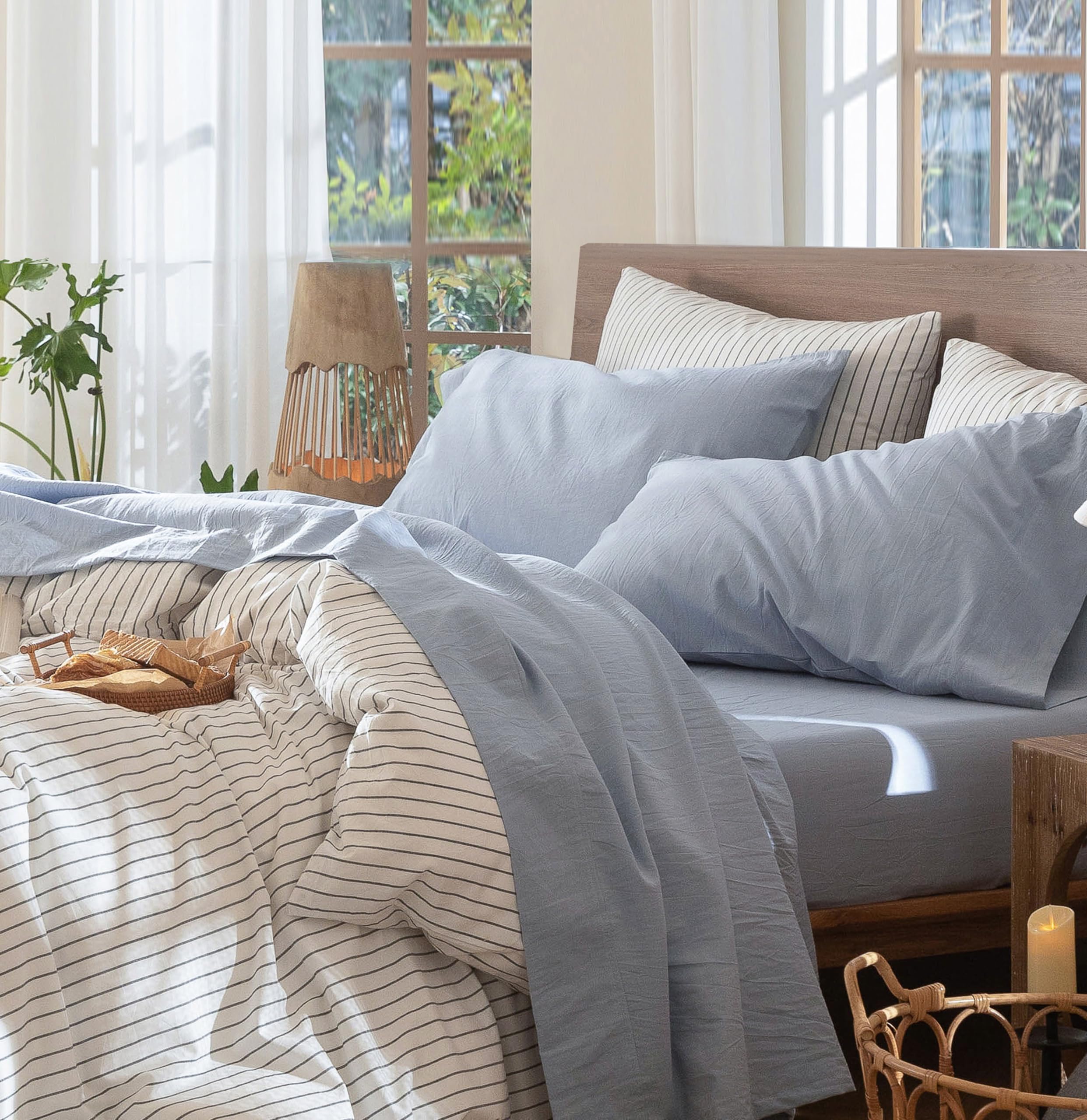 MooMee Bedding Sheet Set 100% Washed Cotton Linen Like Textured Breathable Durable Soft Comfy (Heathered Green, Queen)