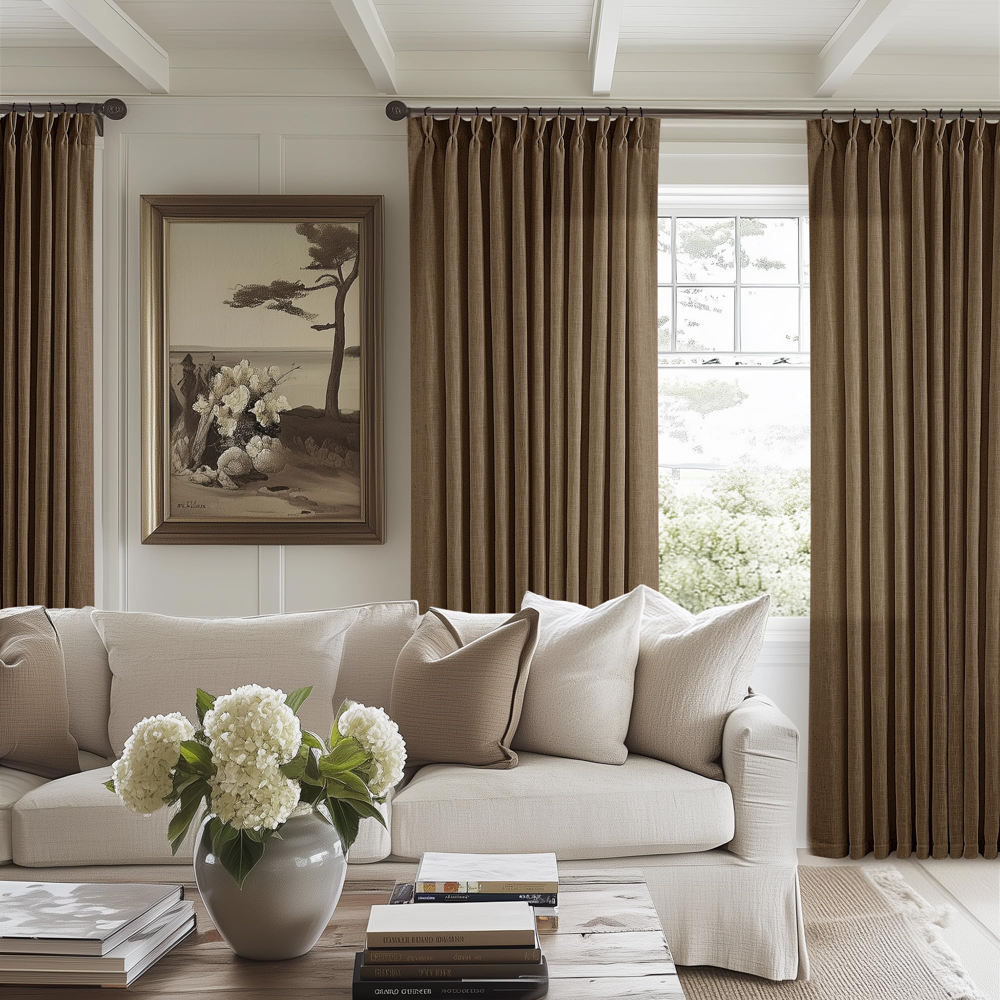 Dutch Cocoa Pinch Pleated Linen Curtains 84 Inches Long 60 Inch Width Linen Blend Light Filtering Window Curtains 84 Inch for Living Room Bedroom Patio Pinch Pleat Drapes Hooks Rings 1 Panel 60Wx84L