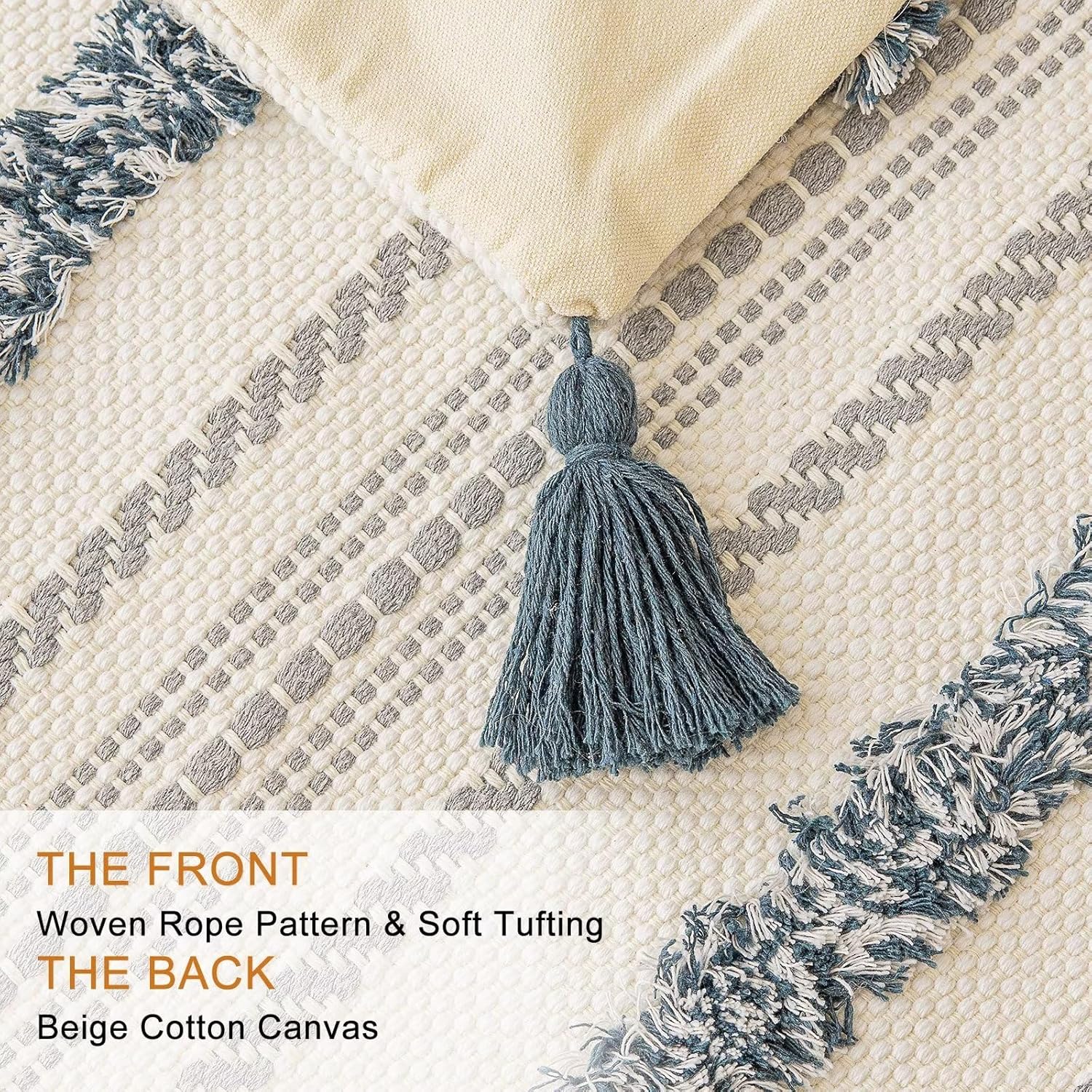 Boho Throw Pillow Covers 20x20 Set of 2 Woven Tufted Farmhouse Pillows Cover with Tassels Textured Striped Cushion Case Neutral Pillow Cases Decorative Pillowcase for Sofa, Couch, Bed, Dark Blue