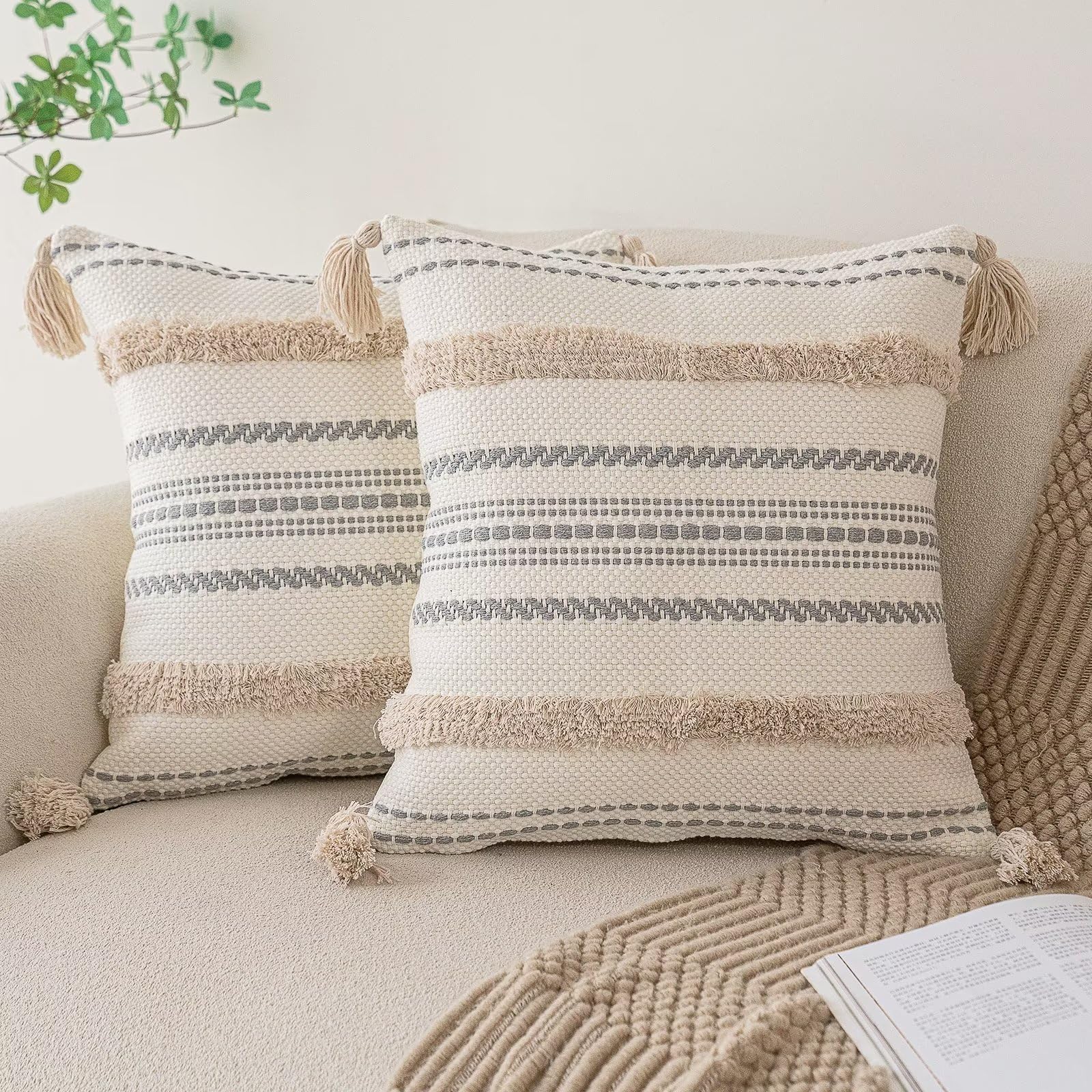 Boho Throw Pillow Covers 20x20 Set of 2 Woven Tufted Farmhouse Pillows Cover with Tassels Textured Striped Cushion Case Neutral Pillow Cases Decorative Pillowcase for Sofa, Couch, Bed, Dark Blue