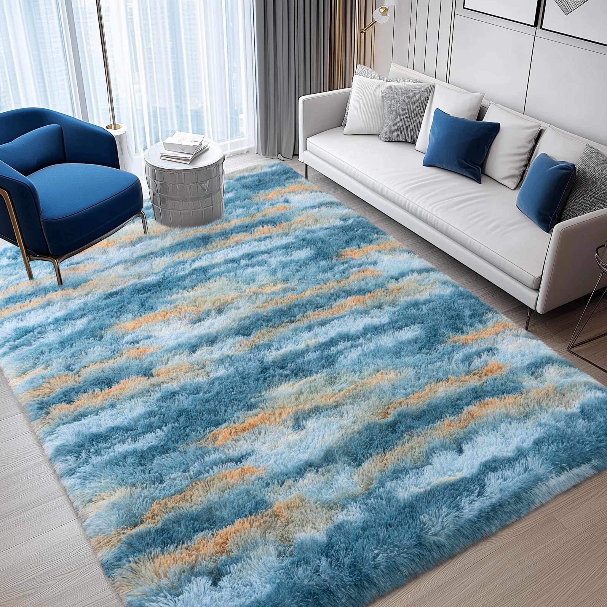Fluffy Rugs for Living Room Bedroom, 5x7 Feet Abstract Blue Shag Area Rugs, Non-Slip Indoor Modern Fuzzy Plush Floor Carpet for Dorm Nursery Kids Room Decor, Soft Shaggy Throw Rug