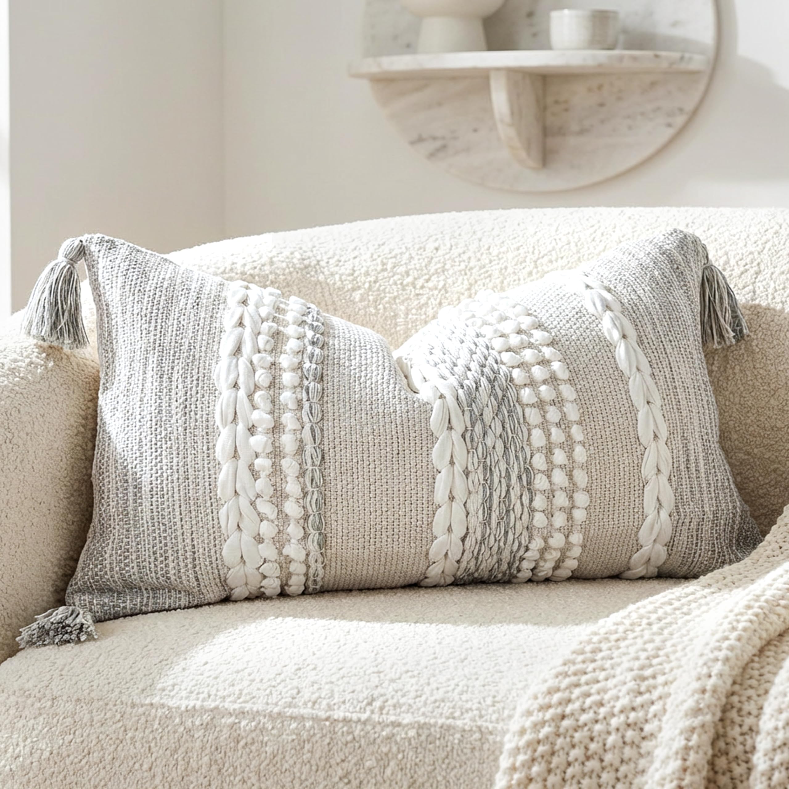 BlissBlush Gray Decorative Throw Pillow Cover 20X20, Boho Accent Pillow for Couch, Square Modern Farmhouse Pillowcase for Living Room Couch Sofa Cushion Home Décor (Pack of 1)