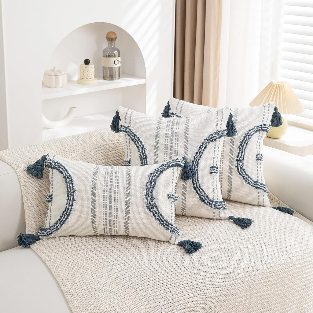 Boho Throw Pillow Covers 18x18 Set of 2 Cotton Woven Tufted Farmhouse Pillows Covers with Tassels Outdoor Neutral Navy Decorative Pillowcases Square Textured Accent Cushion Cases for Couch Bed Sofa