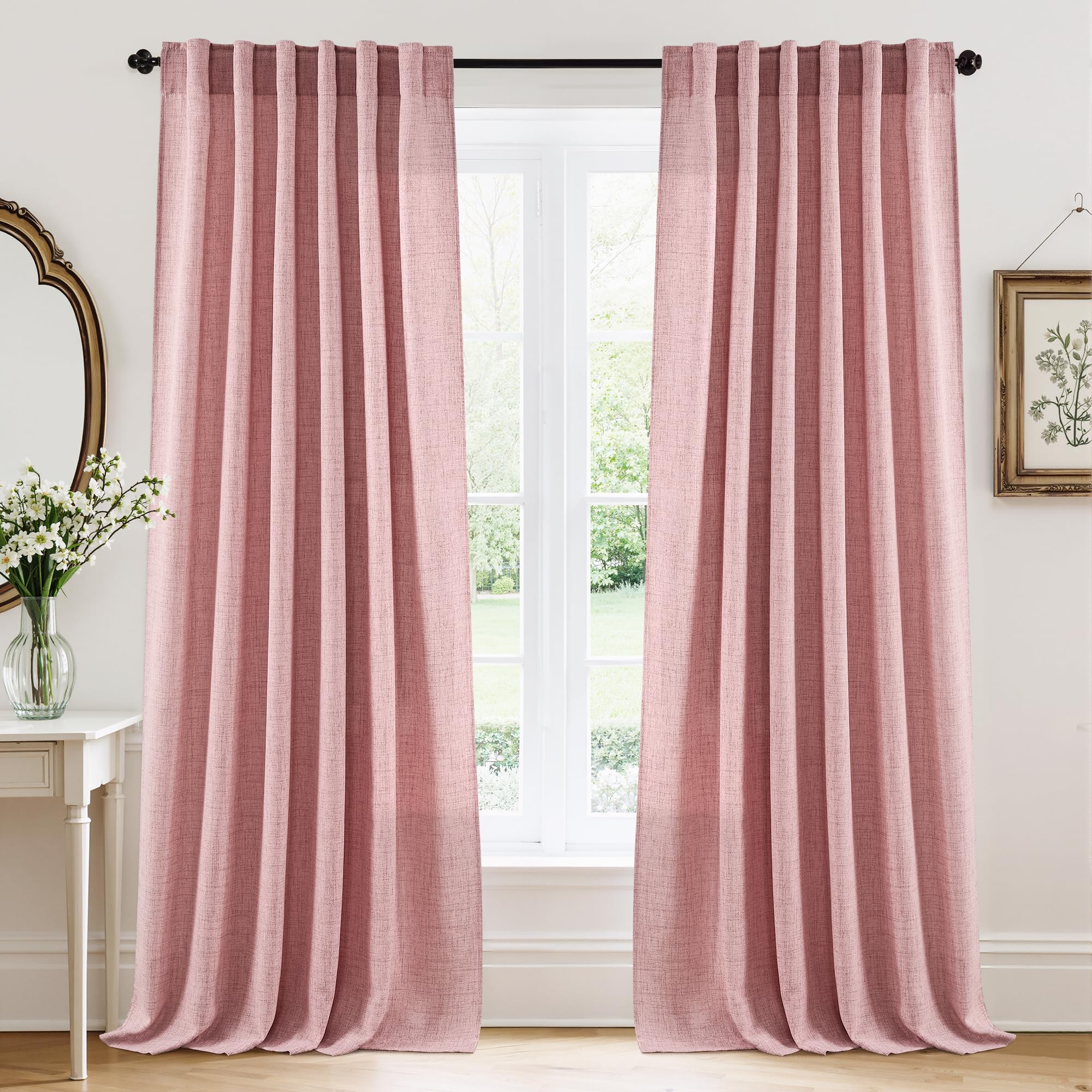 RYB HOME Linen Sheer Curtains and Drapes for Living Room 108 inches Length, Breathable Back Tab/Rod Pocket Semi Sheer Curtains, Oatmeal, W 52 x L 108 inches, 2 Panels Set