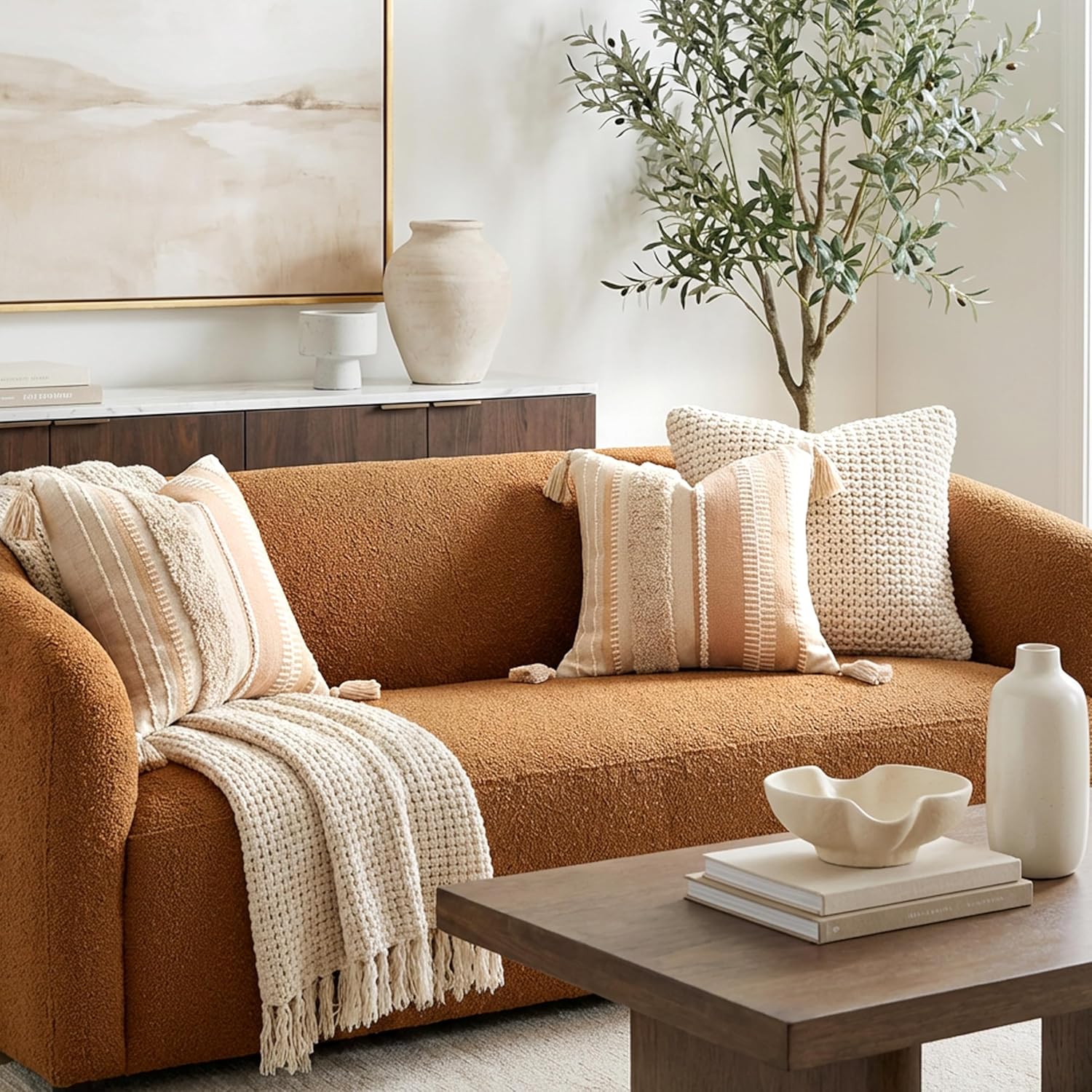 BlissBlush Decorative Throw Pillow Cover 20x20 Combo Set of 2 Square Neutral Beige Boho Accent Pillowcase Tassels Farmhouse Cushion for Couch Sofa Bedroom Living Room Home Décor Cover ONLY
