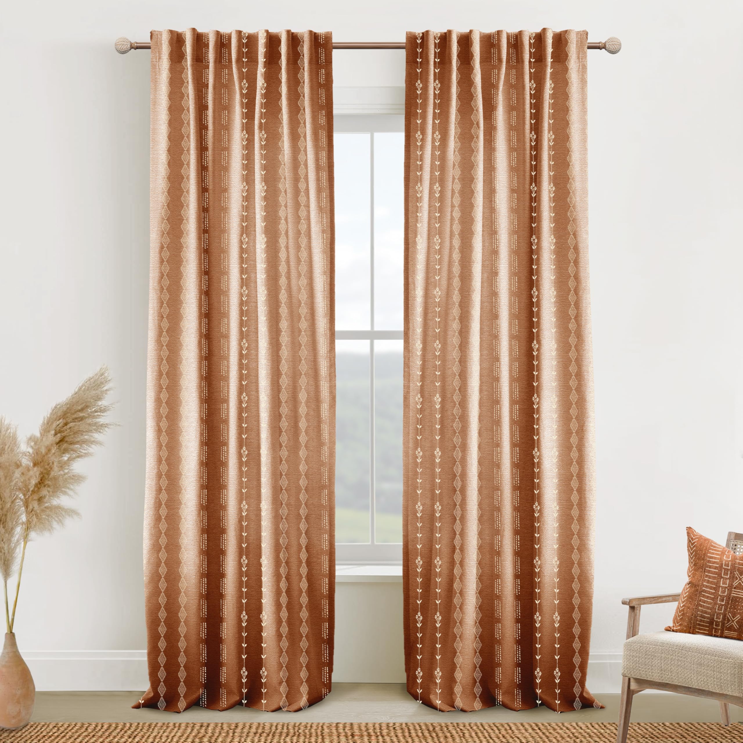 Linen Farmhouse Curtains for Living Room, Neutral Taupe Cream Light Filtering Boho Sheer Floral Patterned Curtains for Dining Room Bedroom 84 Inch Length 2 Panels Set