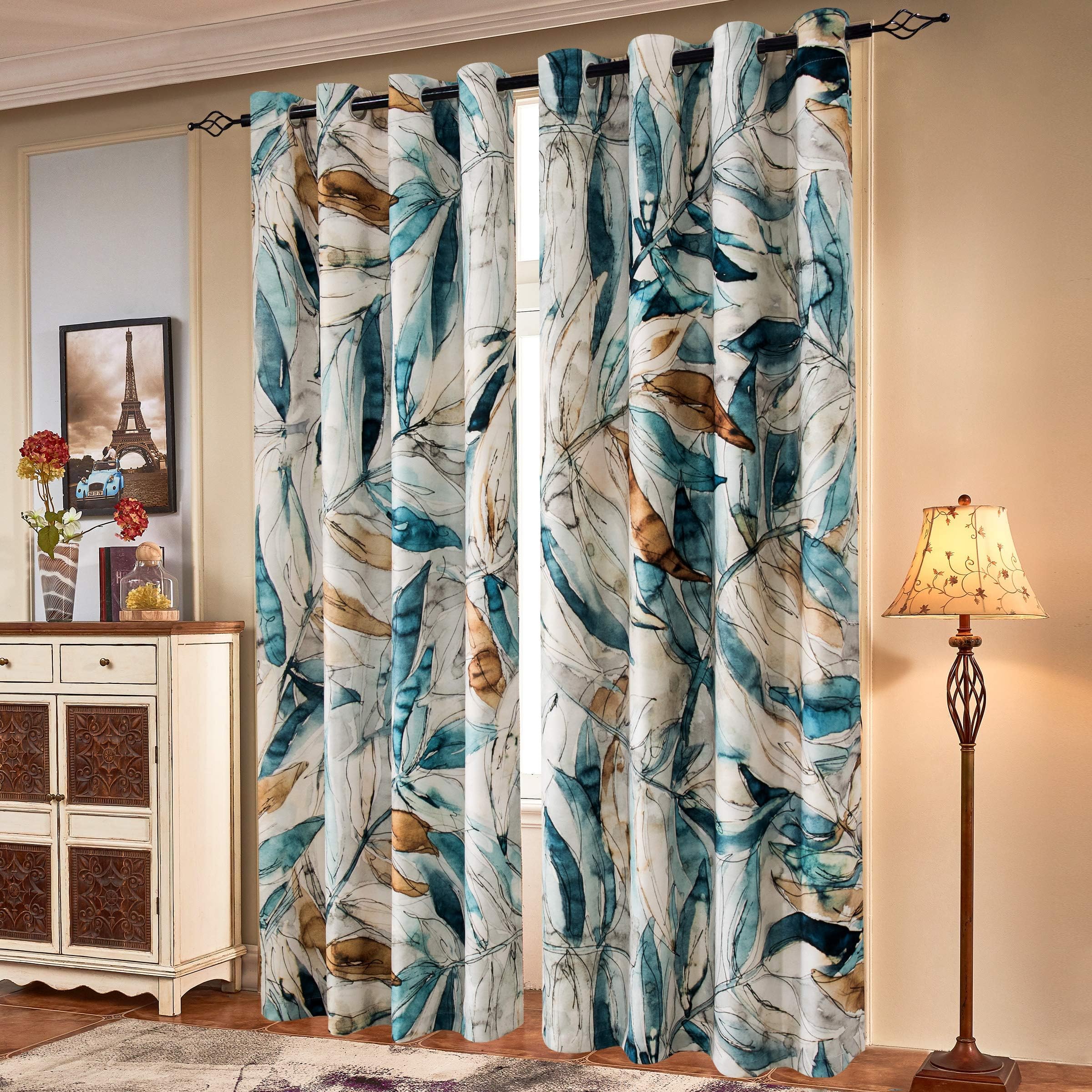 SUBRTEX Light Flitering Curtains 52Wx84L, Room Darkening Vibrant Floral Drapes, 50% Blackout, Semi Sheer Boho Farmhouse Curtains for Living Room, Brown